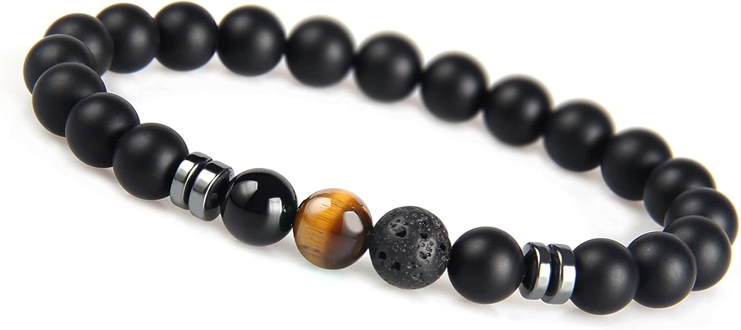 Detalle de GD GOOD.designs bracciale uomo elastico in pietra lavica nera e onice 8 mm