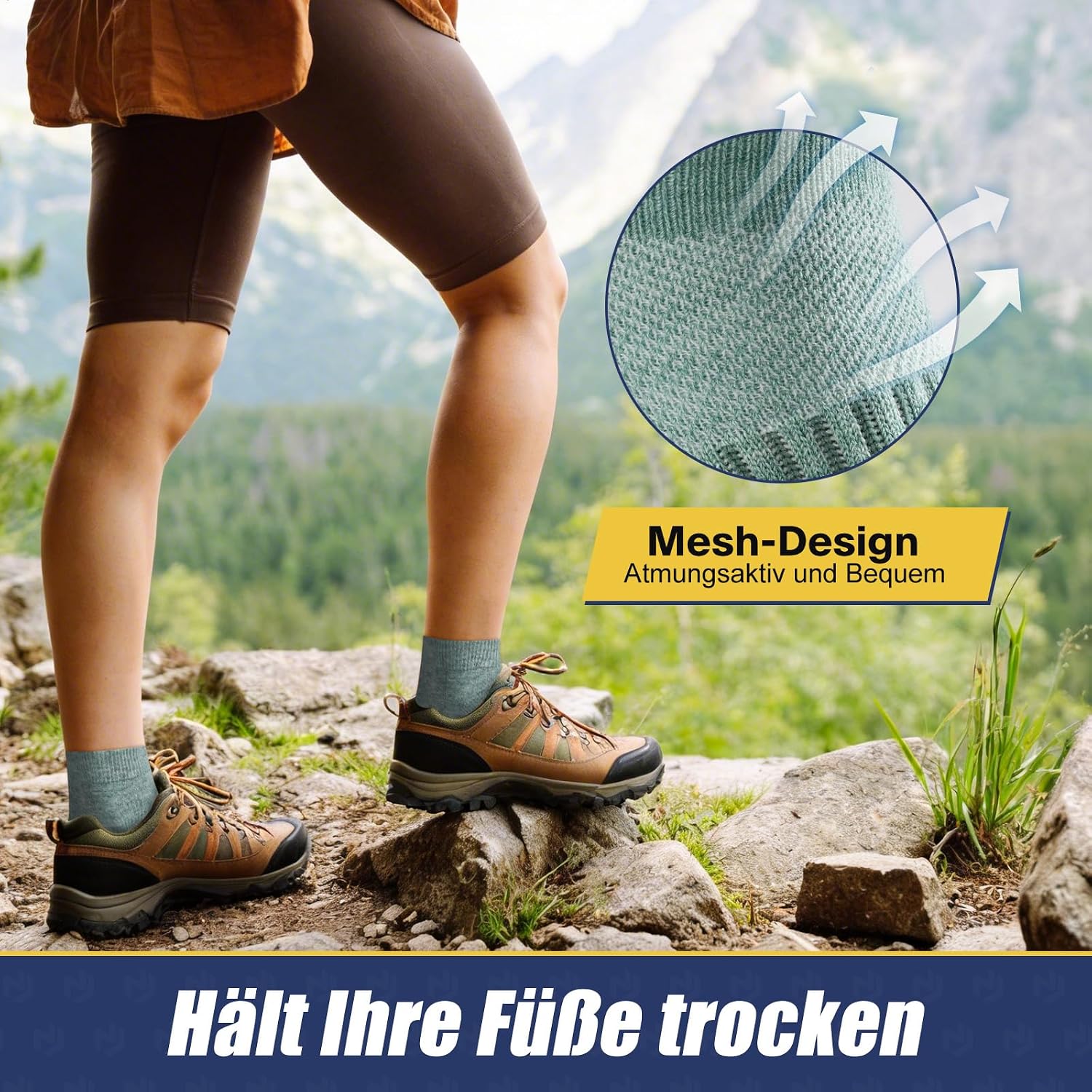 Detalle 2 de Niofind Merino Wandersocken (Quarter) für Damen & Herren – atmungsaktiv, gepolsterte Laufsocken im 6er-Set