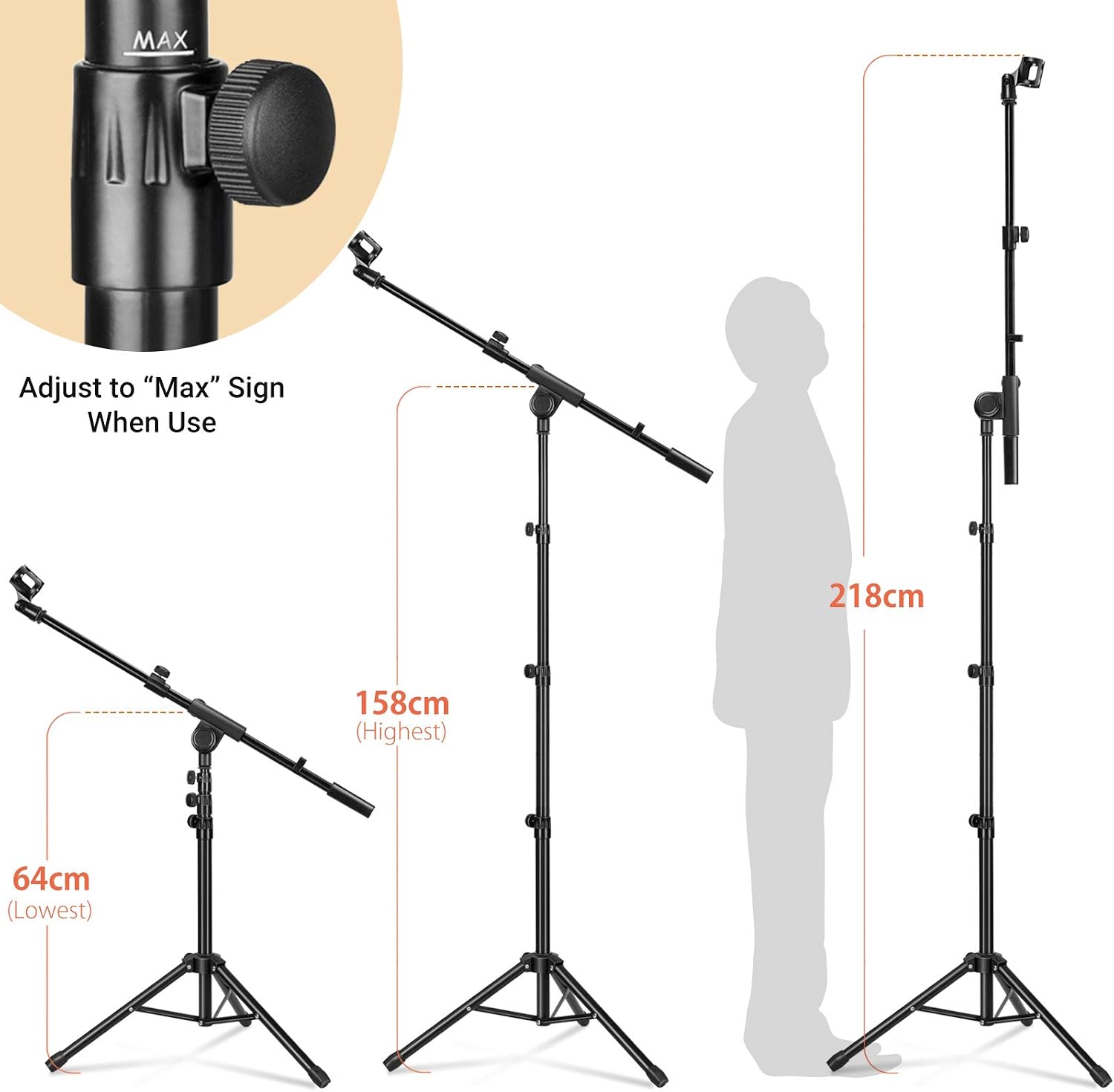 Detalle de CAHAYA Soporte de Micrófono con Brazo y Dos Clips: versátil 64–158 cm para conciertos, videoconferencias y escenarios