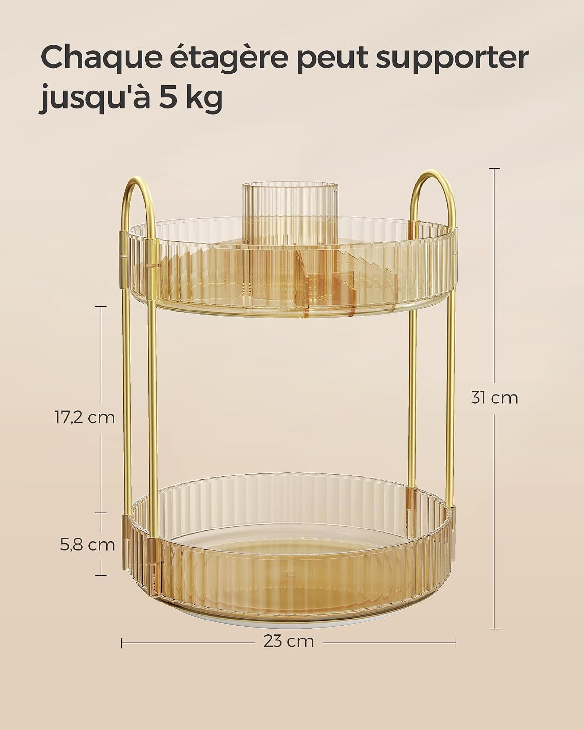 Detalle de SONGMICS Organisateur Maquillage Rotatif JKA012A01 – Deux niveaux, separable, doré champagne