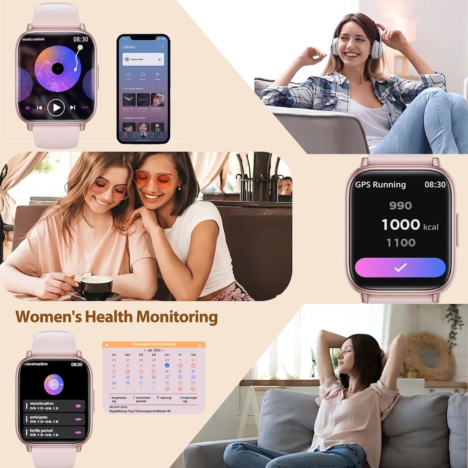 Detalle 2 de SLOKSFil Smartwatch Donna con chiamate Bluetooth, 1,83” e fitness con SpO2, frequenza cardiaca e sonno (rosa)