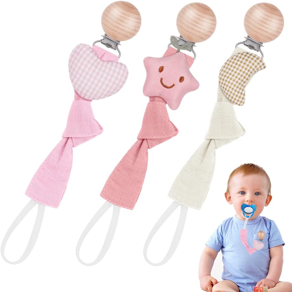 Vicloon Catenella Portaciuccio neonato personalizzata, set da 3 con clip in legno di faggio – Serie Rosa