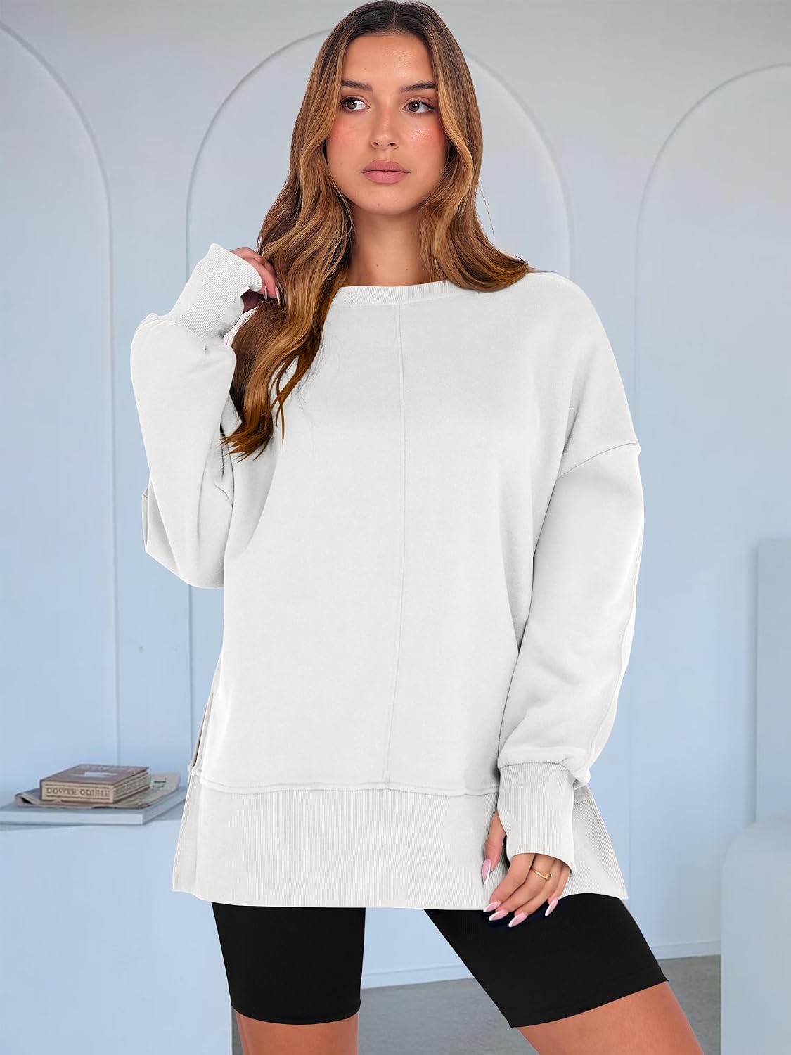 Detalle de ANRABESS Oversized Women's Sweatshirt with Thumbholes, Fleece Lining and Side Slits