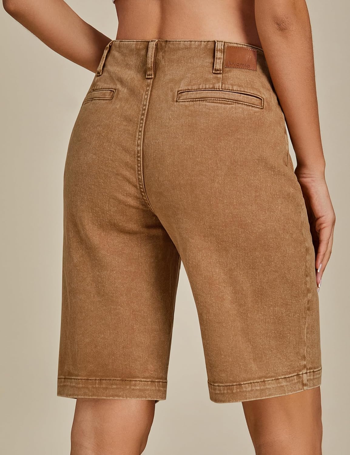 Detalle 2 de luvamia High-Waisted Denim Bermuda Shorts for Women with Button Fly and Patch Pockets