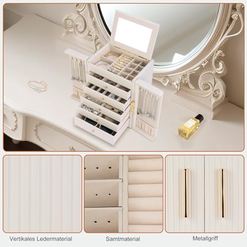 Detalle de Dajasan Boîte à Bijoux Femme Grande — 5 tiroirs, cuir grain vertical beige avec miroir