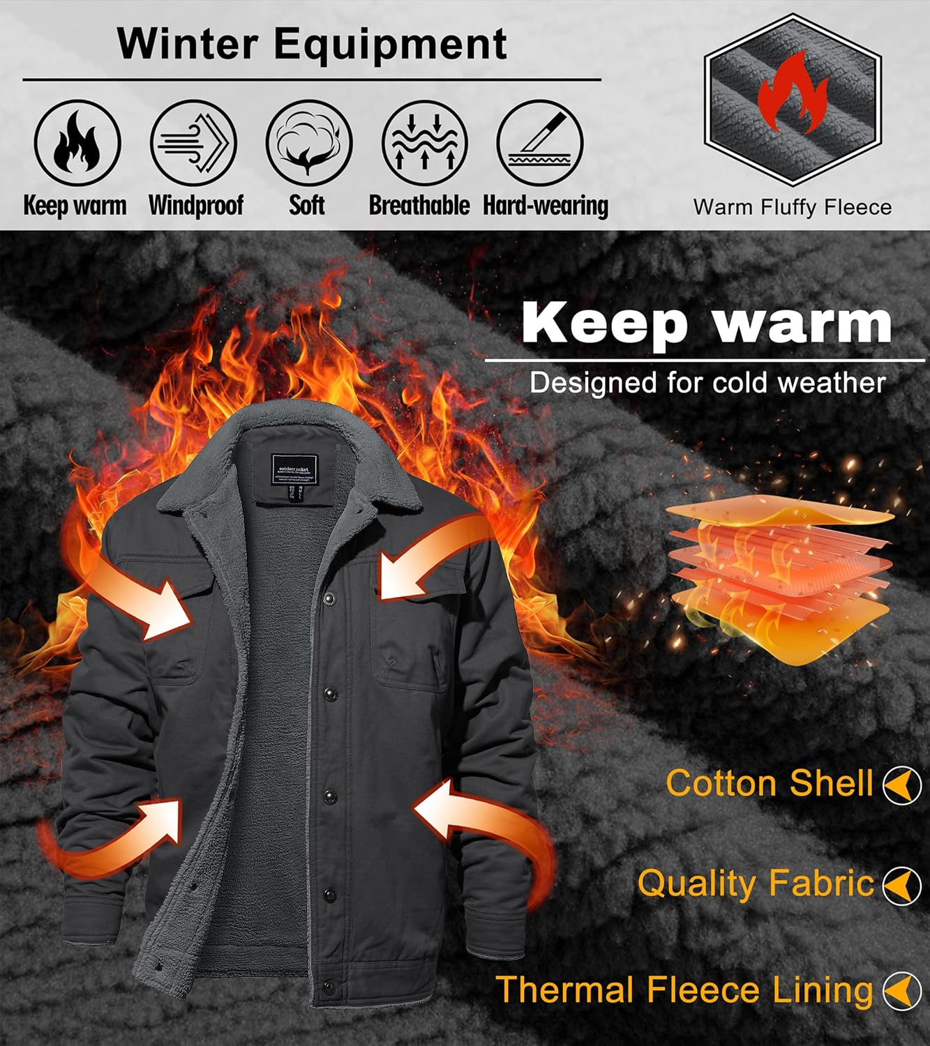 Detalle 2 de EKLENTSON EK-464 Men's Fleece-Lined Cotton Cargo Jacket, Five Pockets