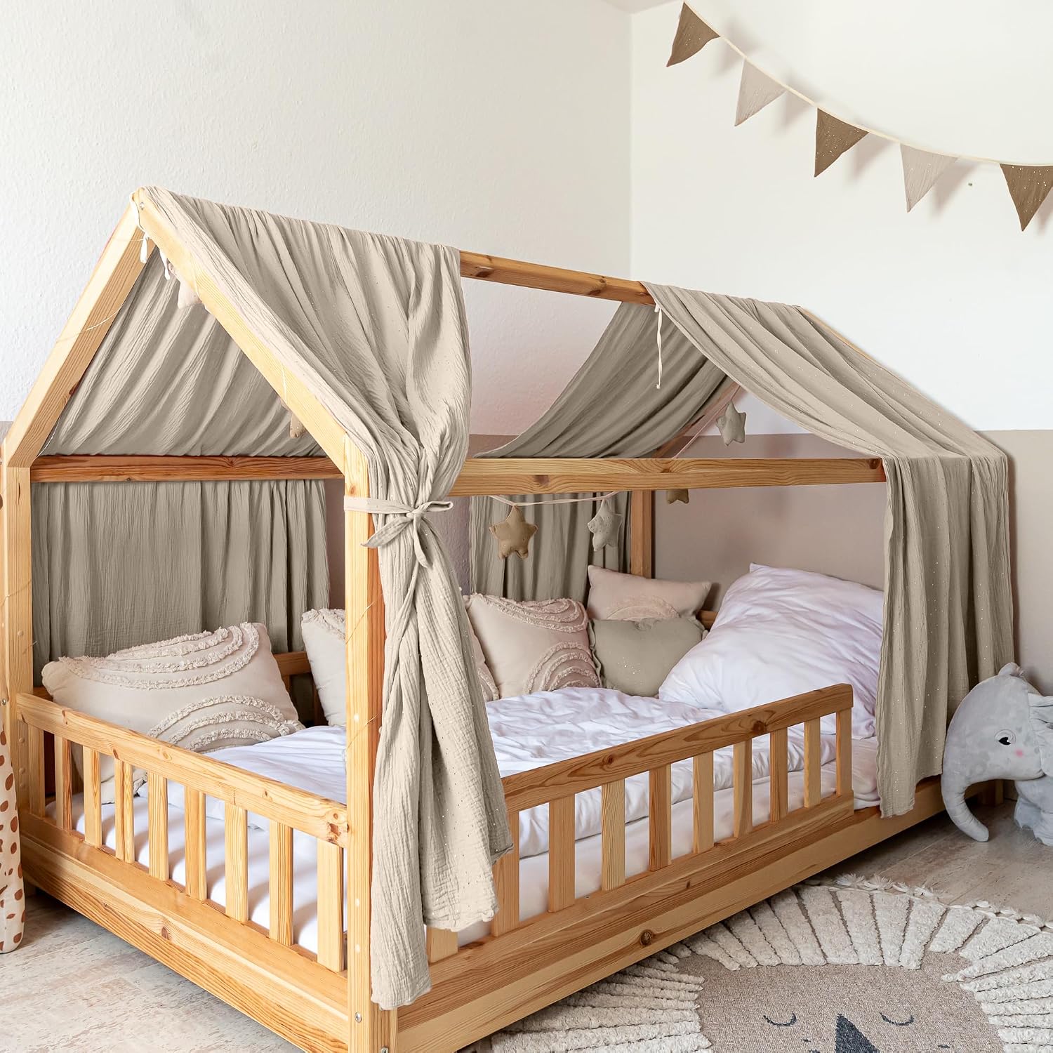 Detalle de lilimaus BH-HB-135x320-HELLBEIGE bedhemel, set van 2 in lichtbeige katoen