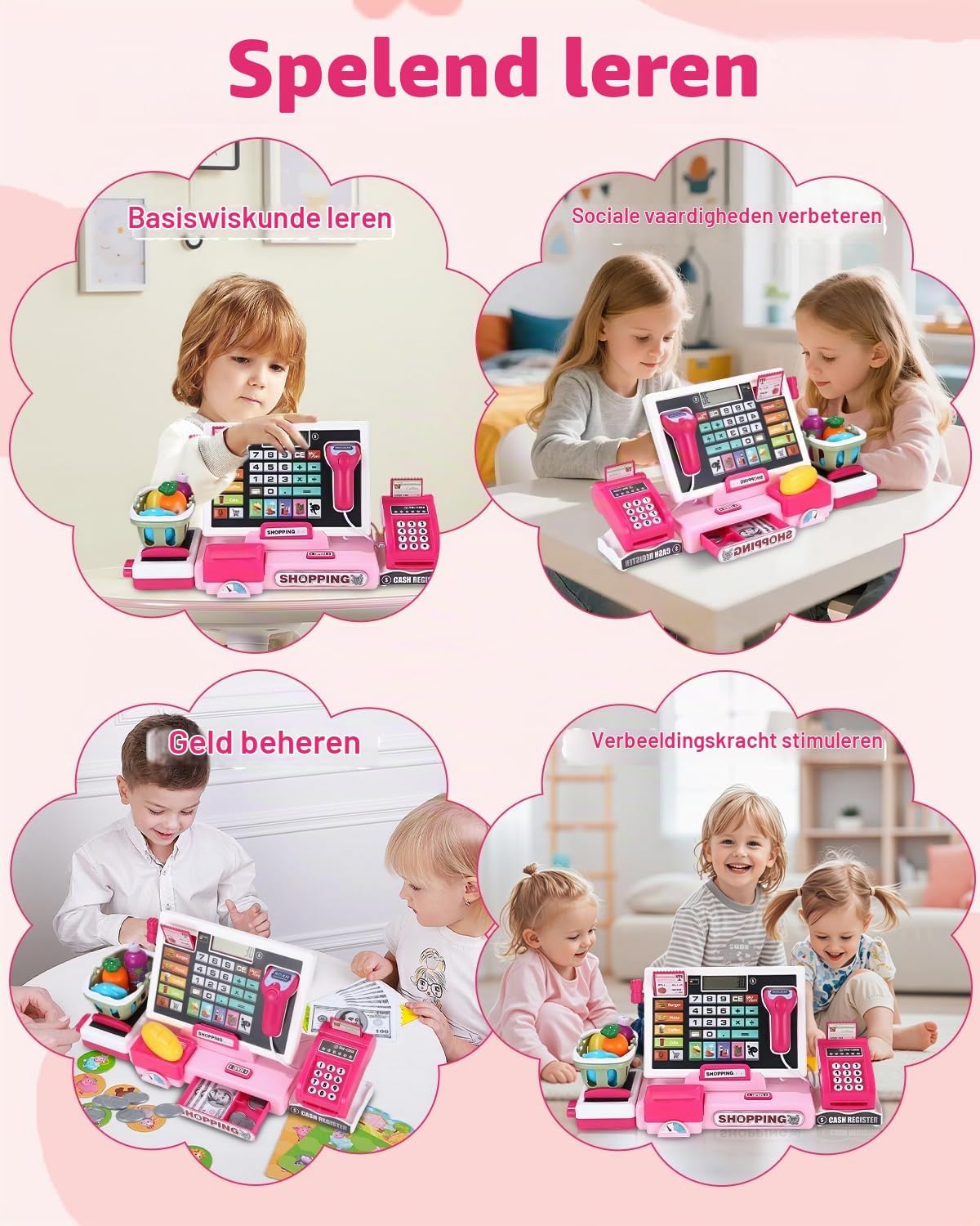 Detalle de heuchaey 818-398M speelgoedkassa, roze met rekenmachine en scanner