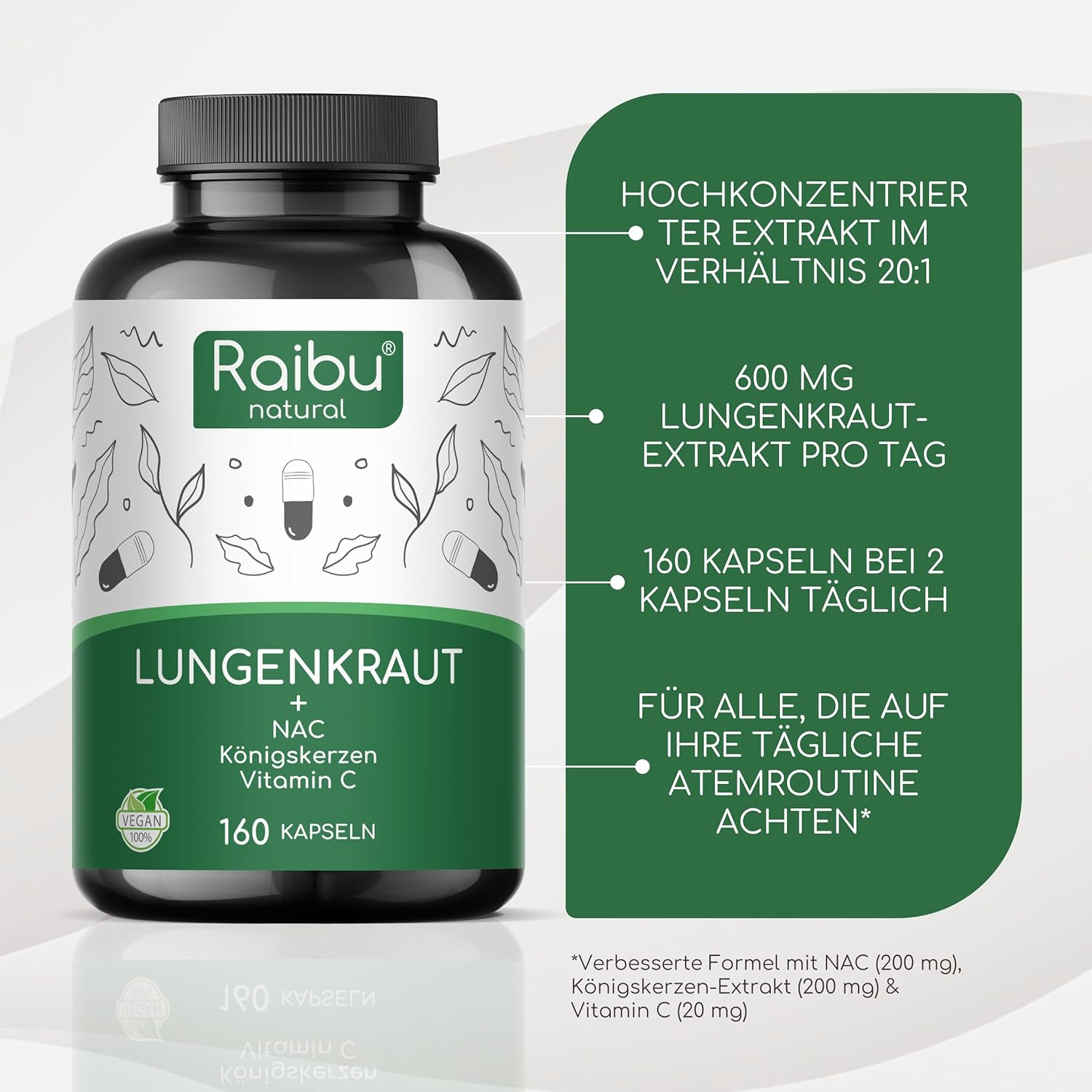 Detalle de Lungenkraut Kapseln Hochdosiert mit Königskerzen – 600 mg pro Tagesdosis, 160 Kapseln, vegan & frei von Zusätzen