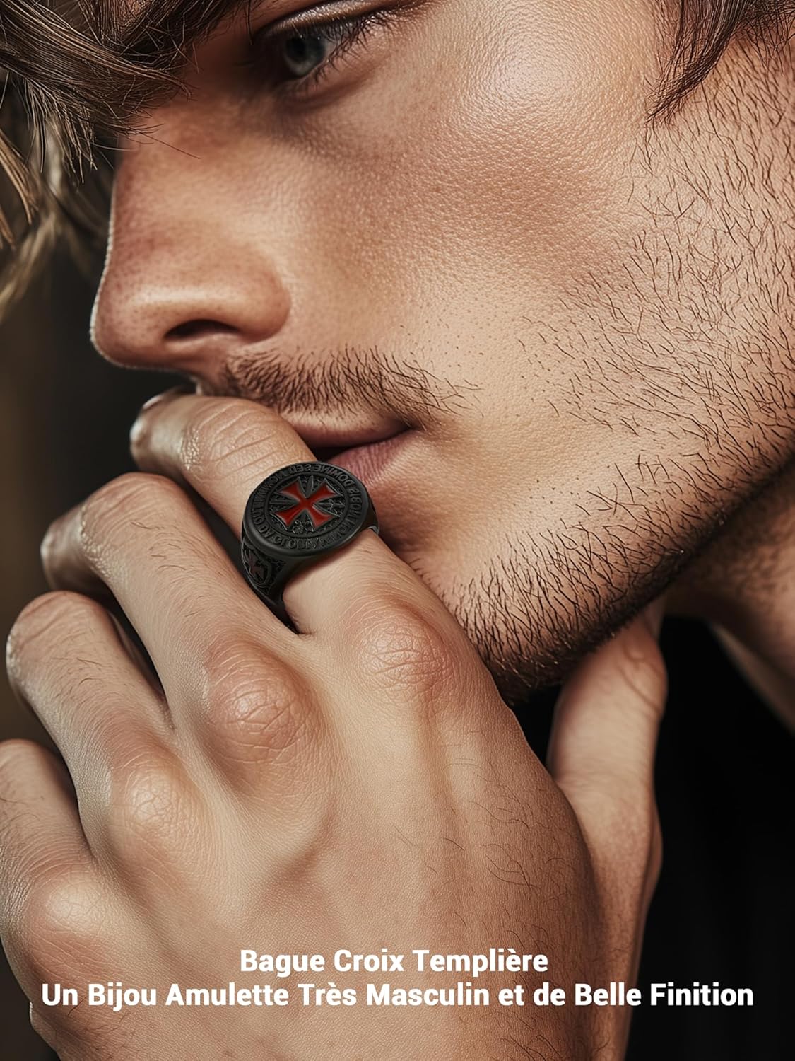 Thumbnail 1 de PROSTEEL Chevalière Templier pour homme en acier inoxydable 316L, croix templière noir/plaqué or – tailles 54 à 72
