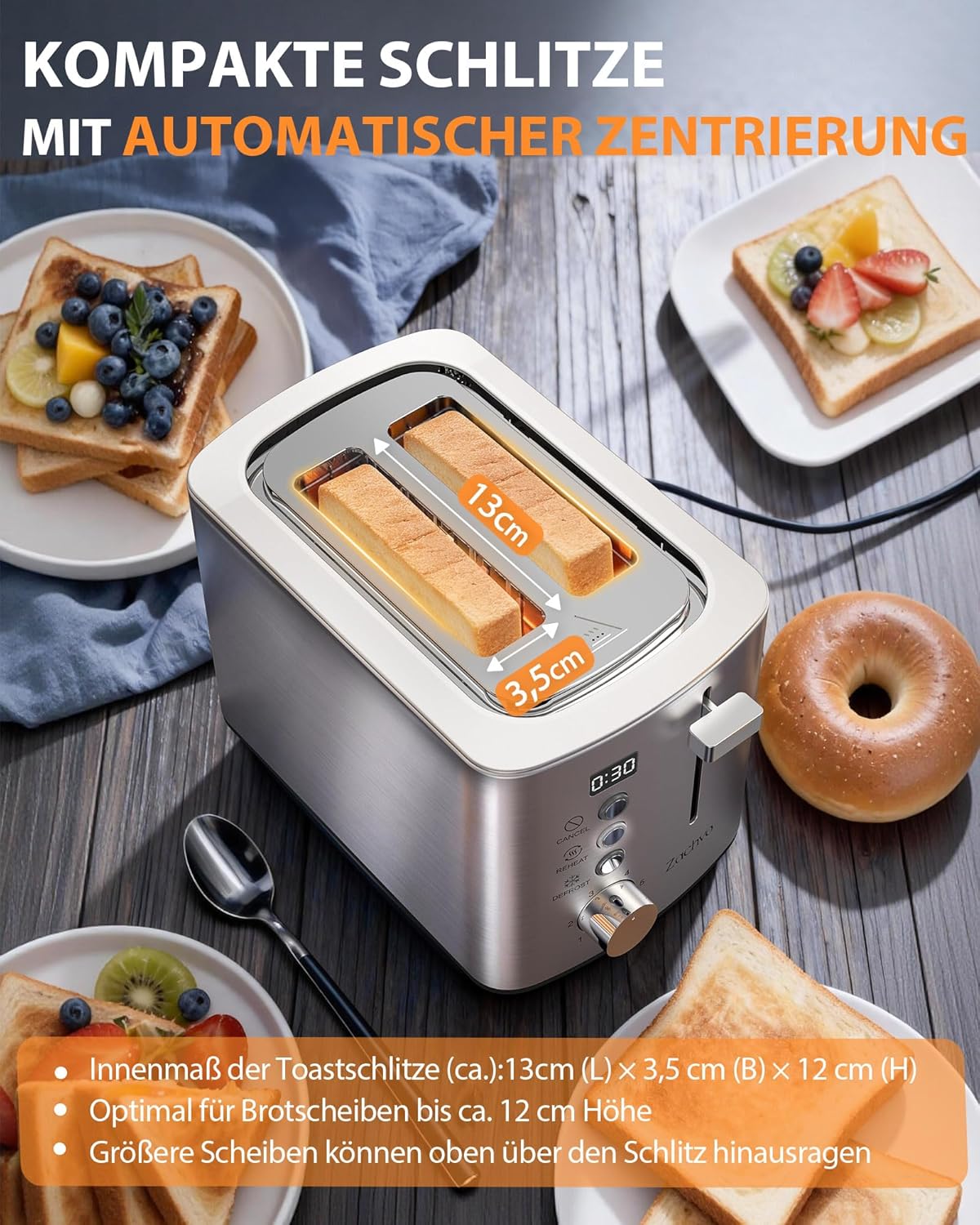 Detalle 2 de Edelstahl 2-Scheiben-Toaster mit LED-Countdown & 3,5-cm-Schlitzen, 6 Bräunungsstufen und Brötchenaufsatz (silber)