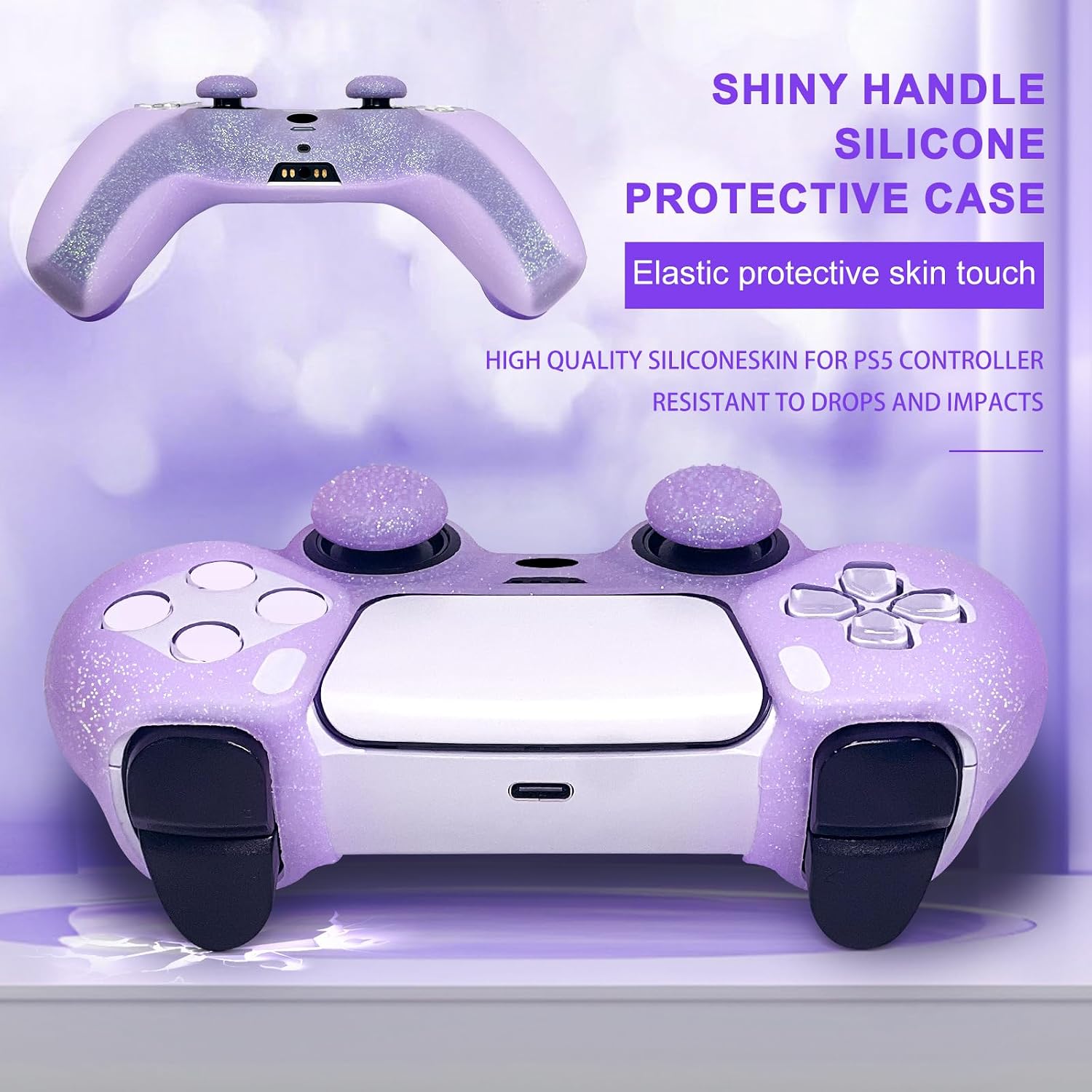 Detalle de HLRAO Purple Glitter anti-slip silicone cover skin for PS5 controller (8 thumb grips + 2 grips caps)
