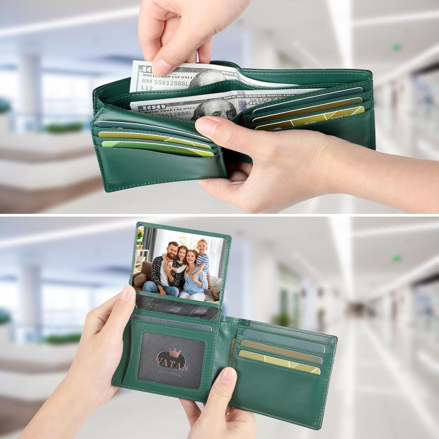 Thumbnail 2 de VATAN Slim RFID Blocking Leather Wallet (Carbon Black & Green) for up to 15 Cards
