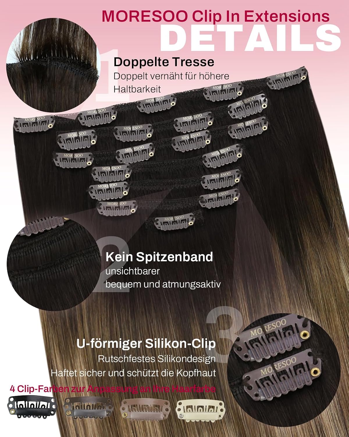 Thumbnail 3 de Moresoo Clip-in Extensions Echthaar – Salonqualität, 40 cm, 7 Stück, 135 g, #4/10/16 Braun zu Goldbraun