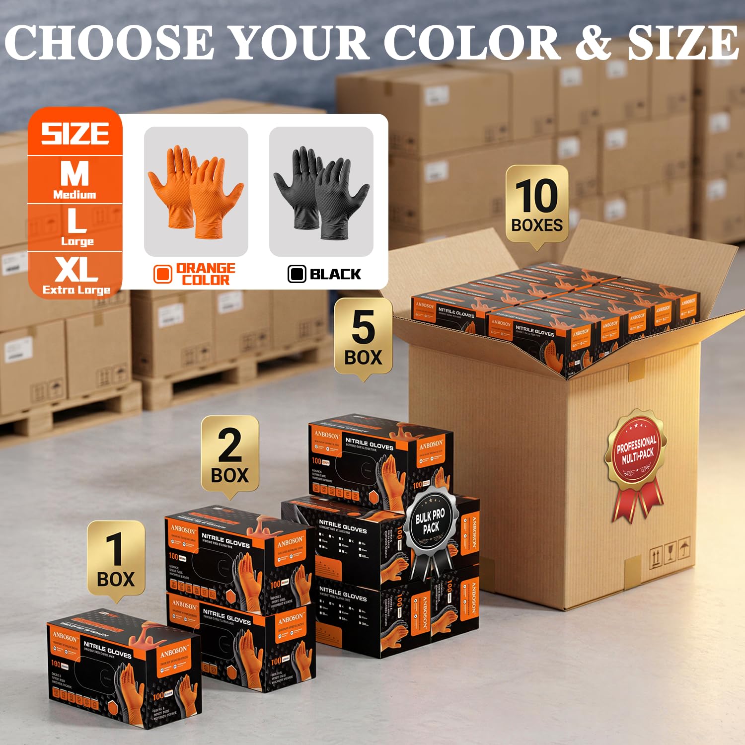 Detalle 2 de ANBOSON 10 Mil Nitrile Mechanic Gloves, Medium, Black, Diamond Grip, 1,000 Count