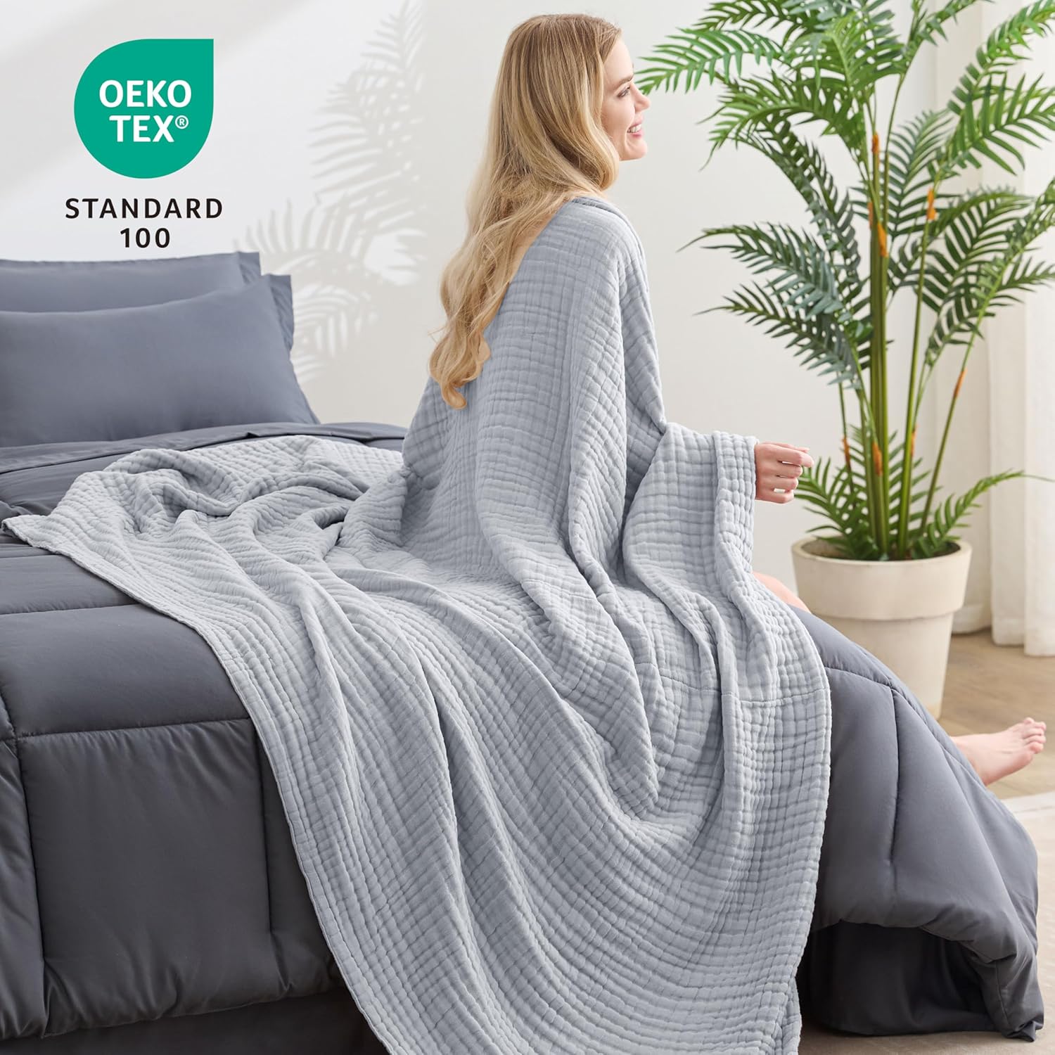 Thumbnail 2 de Love's cabin Muslin Blanket 108x90 Light Grey