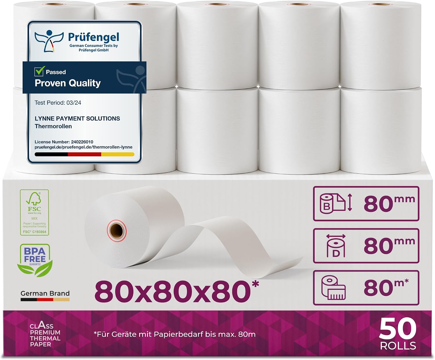 Thermorollen 80 mm × 80 m × 12 mm (80×80×12) – BPA-frei, 50 Stück von Lynne Payment Solutions