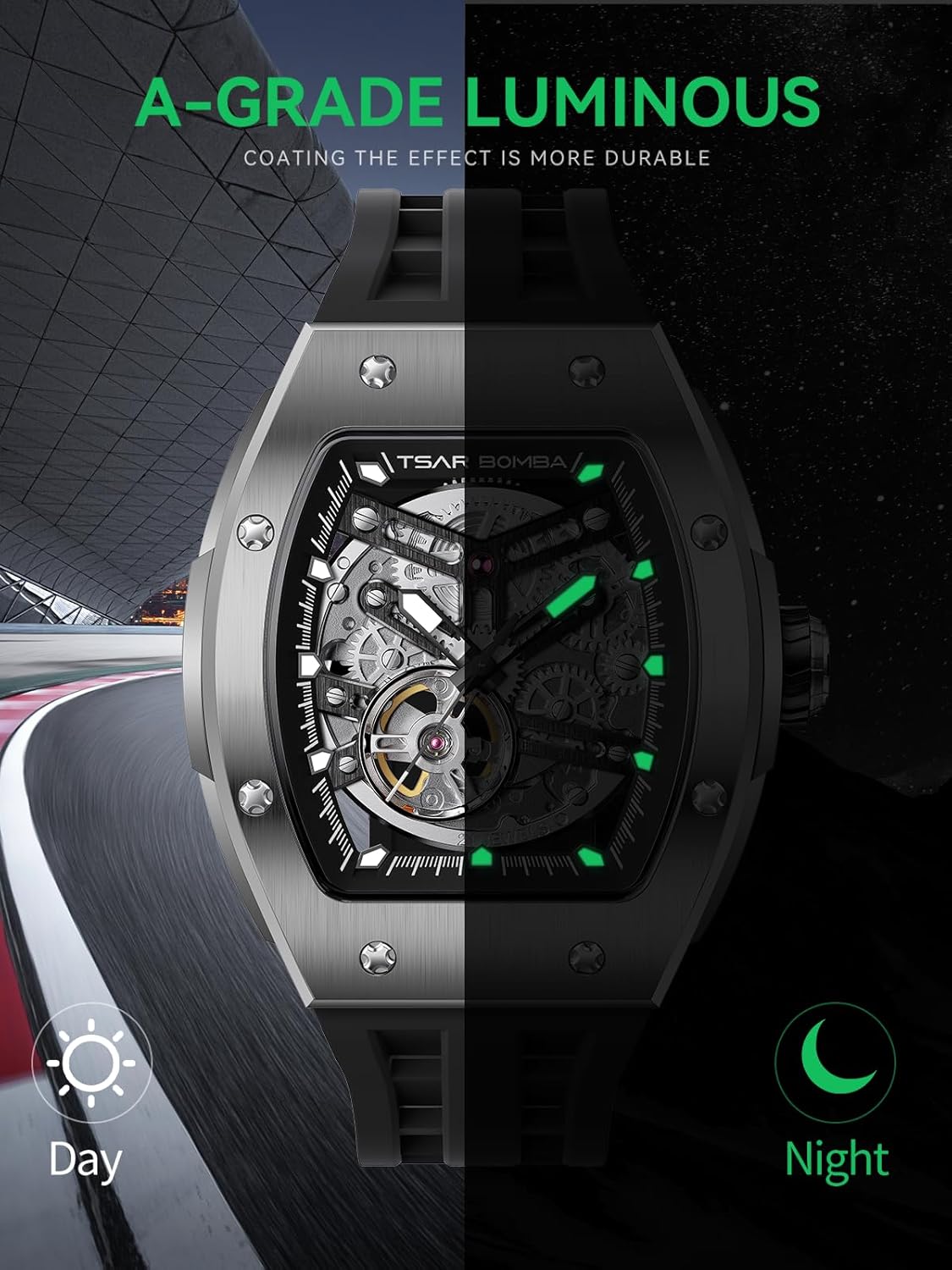 Detalle de TSAR BOMBA Orologio Automatico da Uomo – Cassa Titanio, Movimento Giapponese 82S0, Vetro Zaffiro, Scheletro Dual