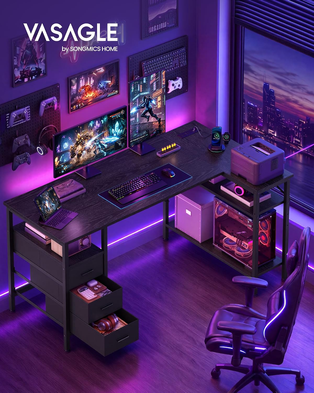 Detalle de VASAGLE ULWD184B101S L-Shaped Desk with Drawers, Shelves, and Power Ports