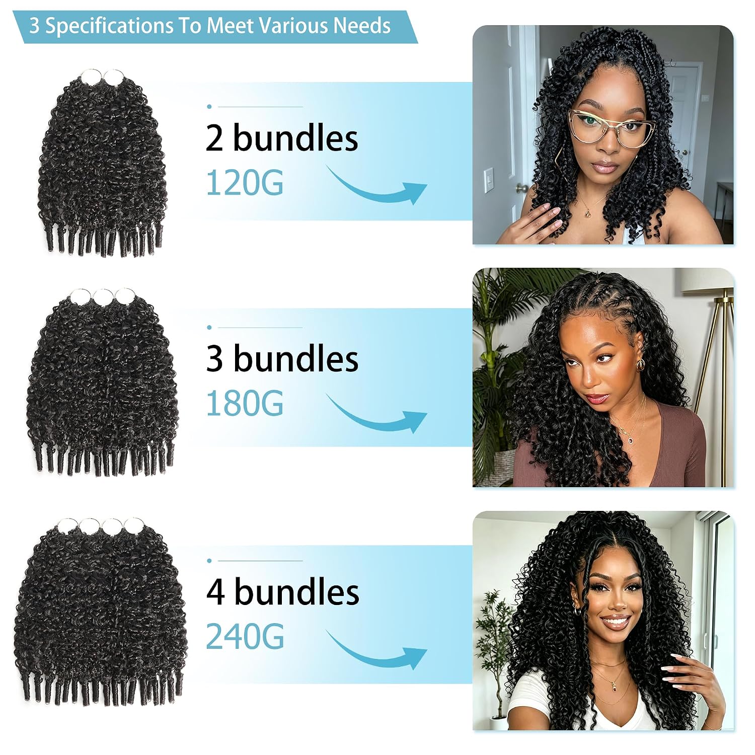 Detalle 2 de KULYMUWIG 16-Inch Burmese Curly Human Crochet Hair with Pre-Separated Feather Bundles