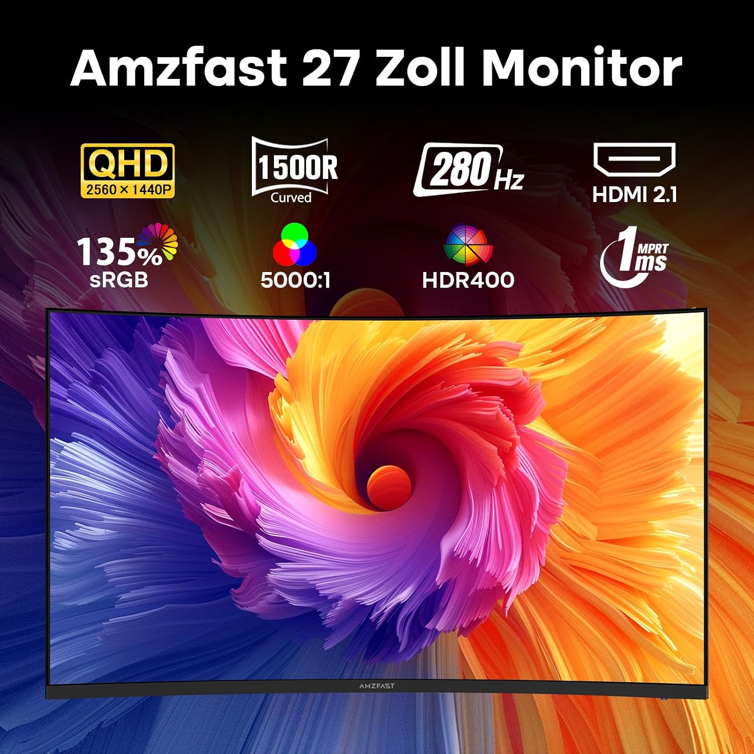 Detalle de Amzfast AMZG27C1Q PRO – 27 Zoll Curved Gaming Monitor mit 280 Hz, QHD, HDR400