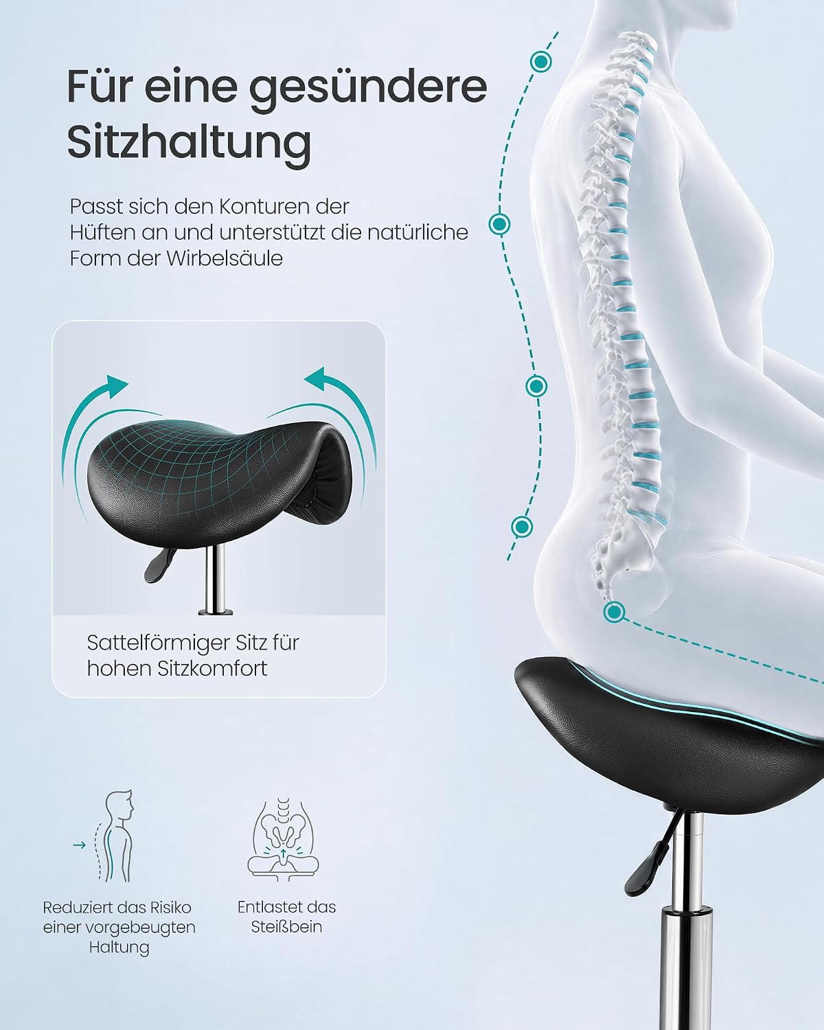 Thumbnail 3 de SONGMICS Sattelhocker OSC014B101 – ergonomischer Rollhocker mit 360° Drehung, höhenverstellbar, PU-Bezug