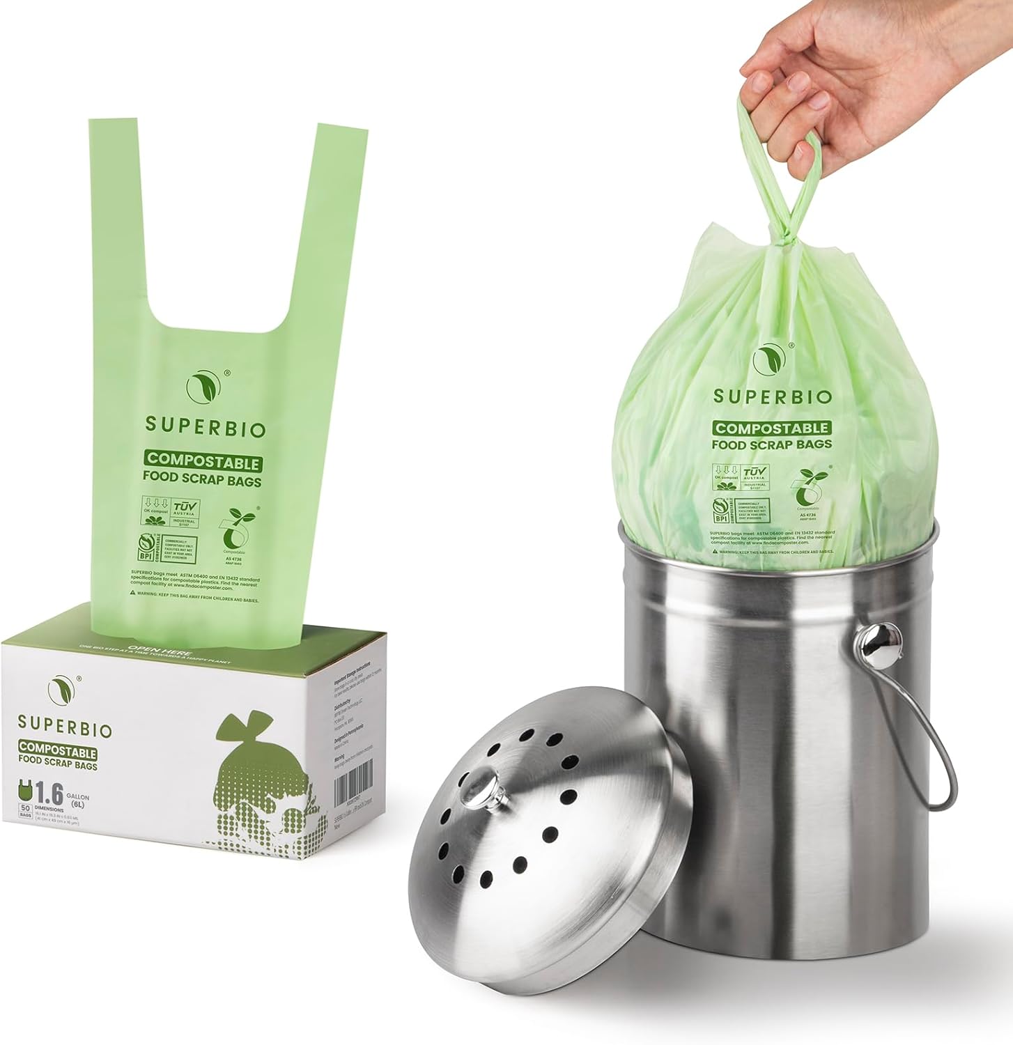 Thumbnail 1 de SUPERBIO 1.6 Gallon Compostable Food Scrap Bags (6 Liter) with Handle Tie, 50 Count