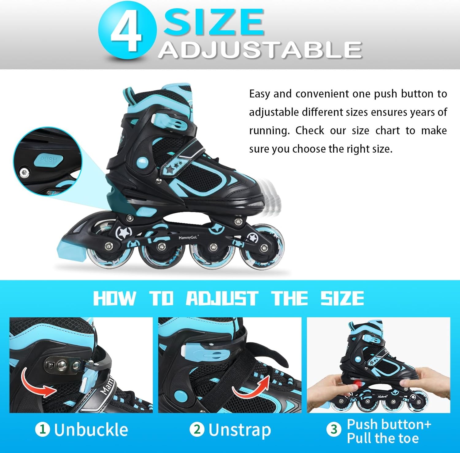 Thumbnail 3 de MammyGol Adjustable Inline Skates for Kids (4 Sizes) with Light Up Wheels
