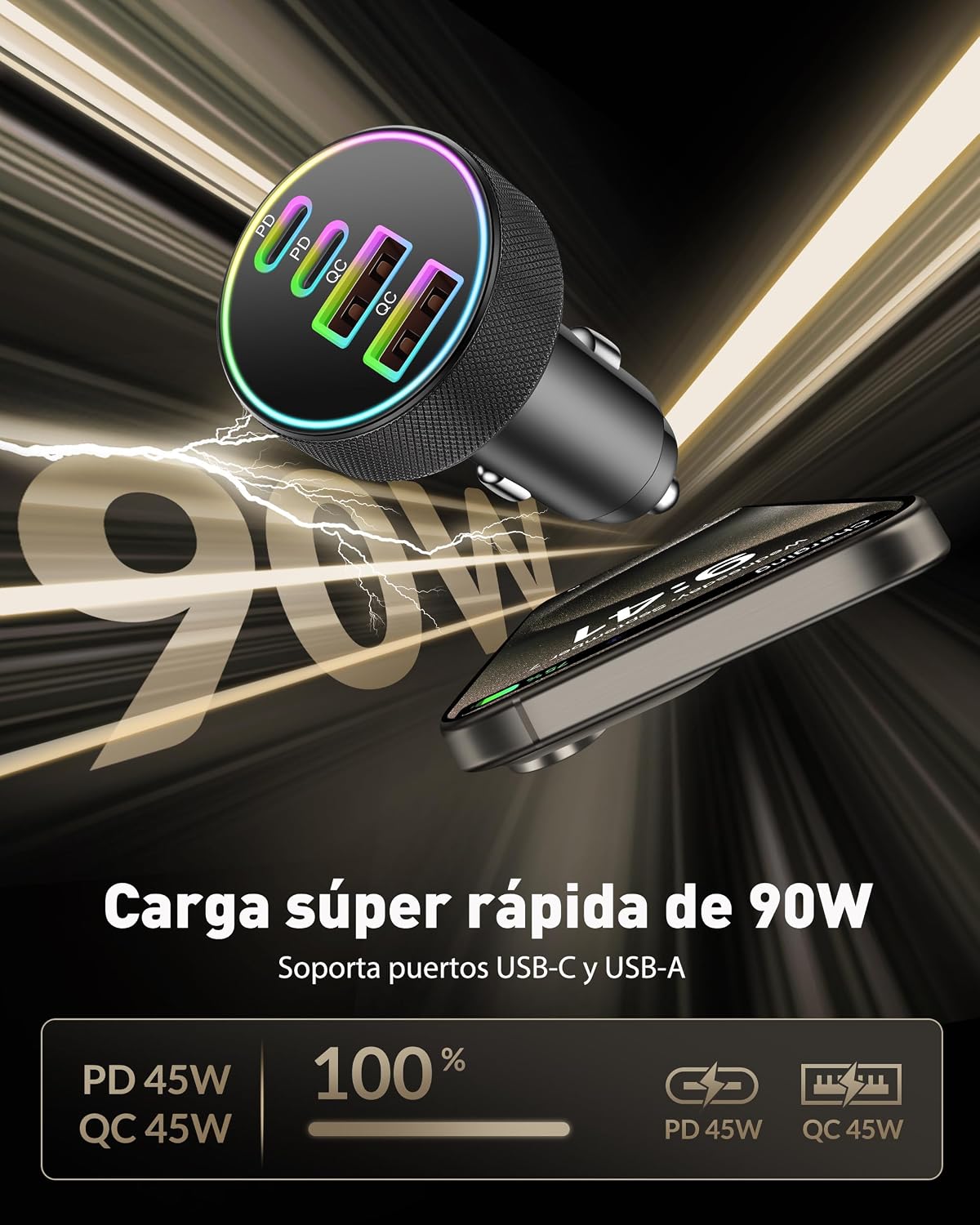 Thumbnail 2 de 4-Puerto 90W Cargador de Coche Dual USB-C/USB-A PD/QC