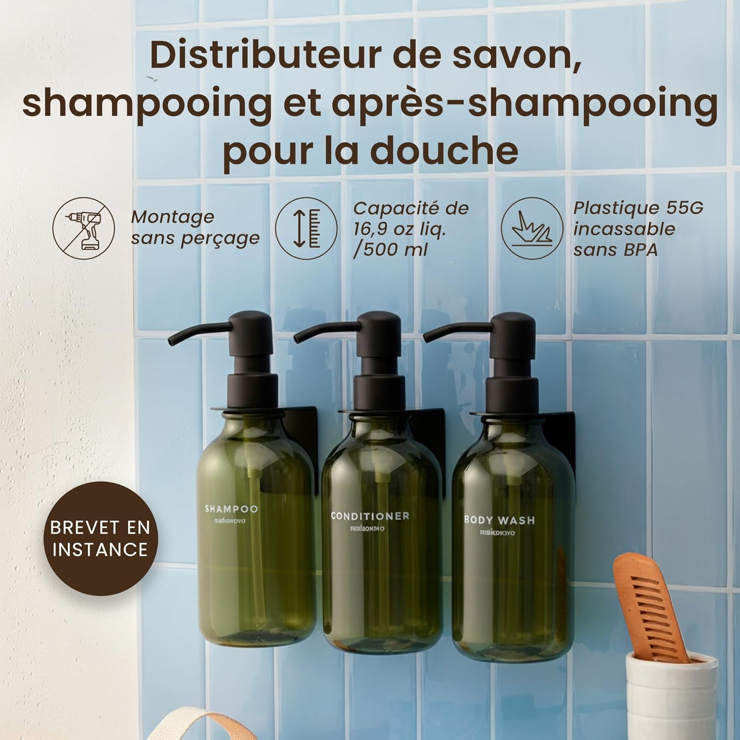 Thumbnail 1 de MaisoNovo Distributeur Savon Mural sans Percage – Lot de 3, 500 ml, Vert avec Pompes Noires