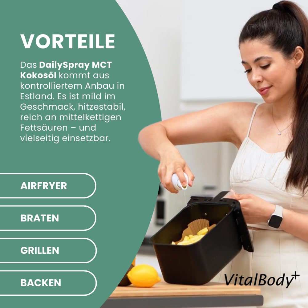Detalle 2 de VitalBody+ DailySpray MCT Kokosöl – Kalorienarmes Ölspray (4er Pack, 3200 Portionen) für Airfryer, Braten & Grillen