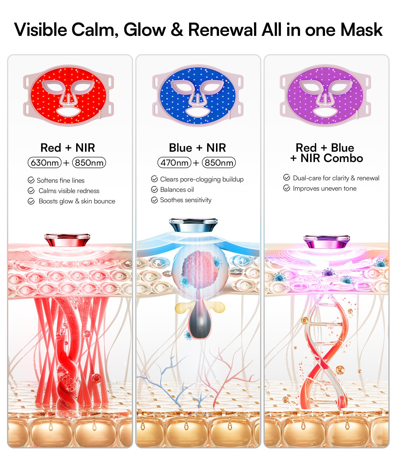 Detalle de INIA Red Light Therapy Mask with 850nm NIR, Red/Blue LEDs and 4 Modes