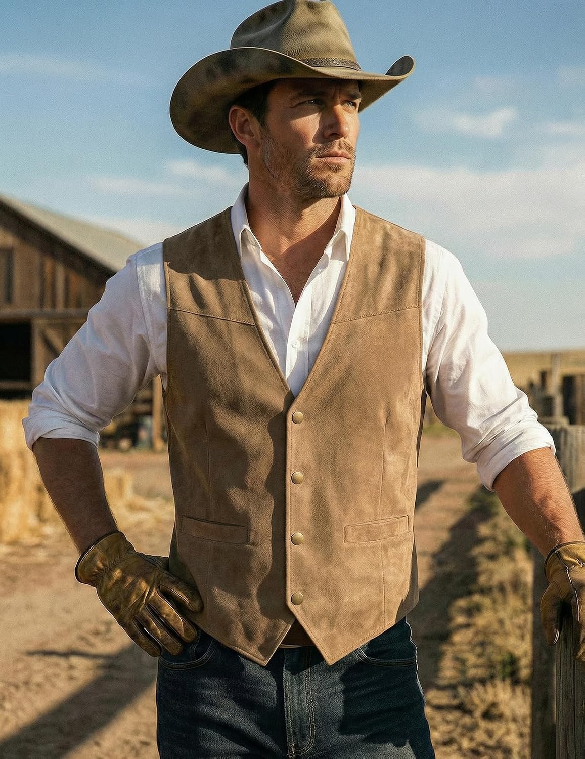 Detalle de COOFANDY Men's Western Vest, Suede-Look Slim Fit with 2 Pockets