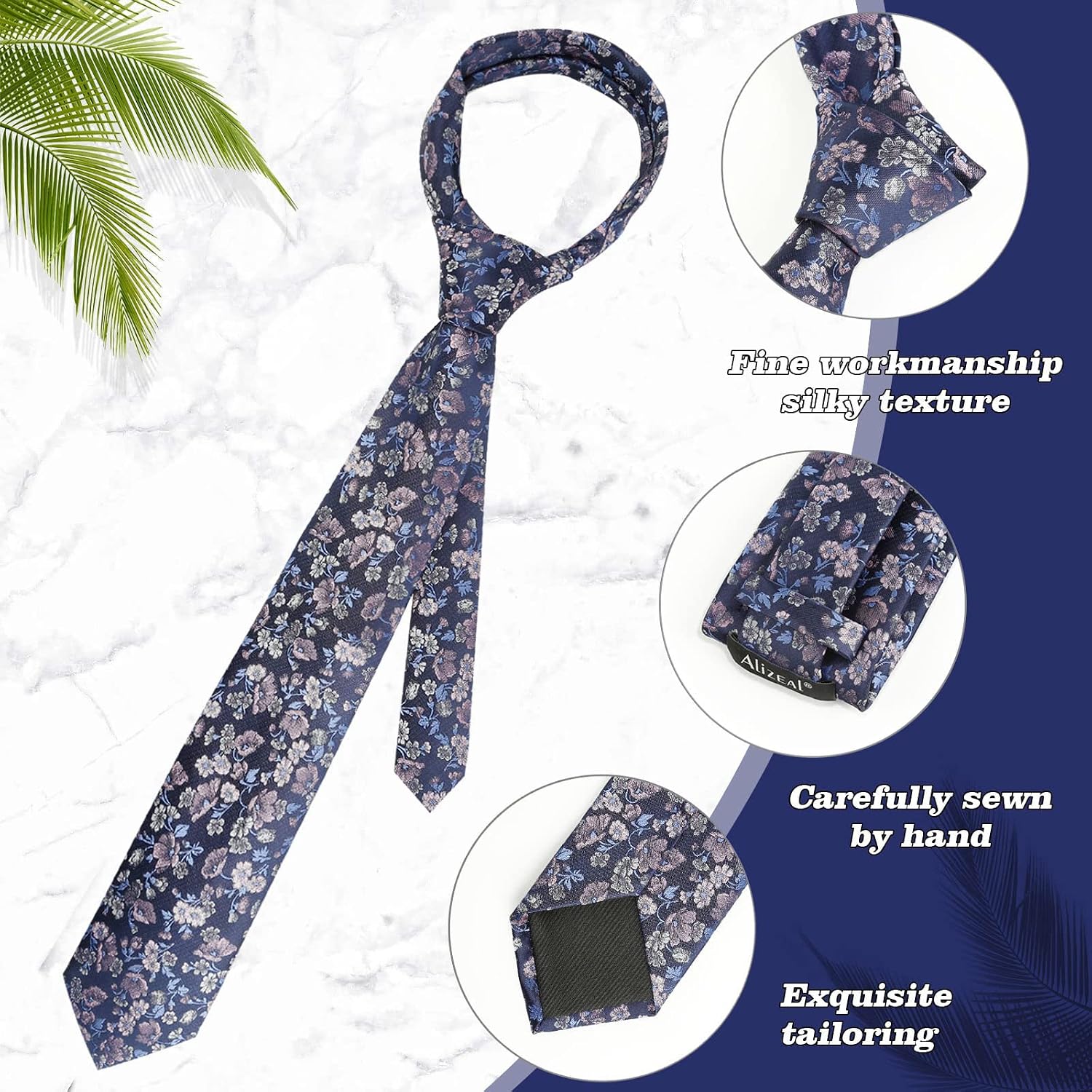Thumbnail 3 de Alizeal Men's Floral Tie with Pocket Square Set – Polyester, Spring Pattern for Weddings and Events