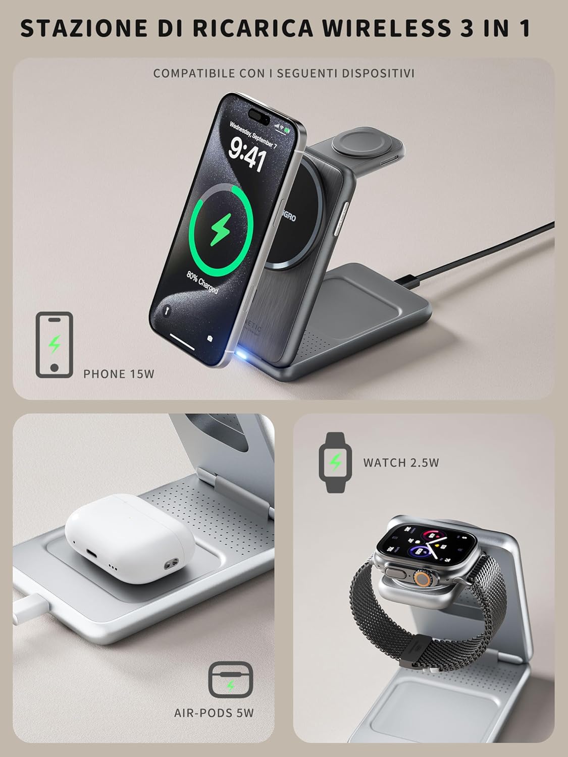 Thumbnail 6 de Tigratigro Caricatore Wireless Stazione 3 in 1 con MagSafe – Nero, W93