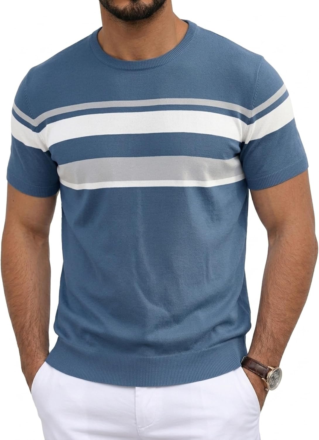 Detalle de Aulemen Herren Strick Kurzarm Streifen-T-Shirt – Regular Fit, bügelfrei & knitterfrei