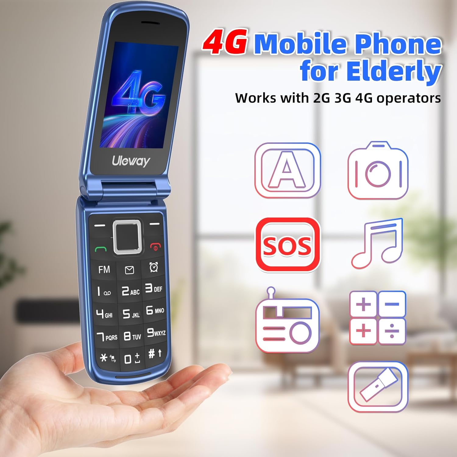 Detalle 2 de Uleway 4G Big Button Senior Flip Phone with SOS Button, Charging Dock and 2.4" + 1.8" IPS Screen (Blue) — SIM-free unlocked
