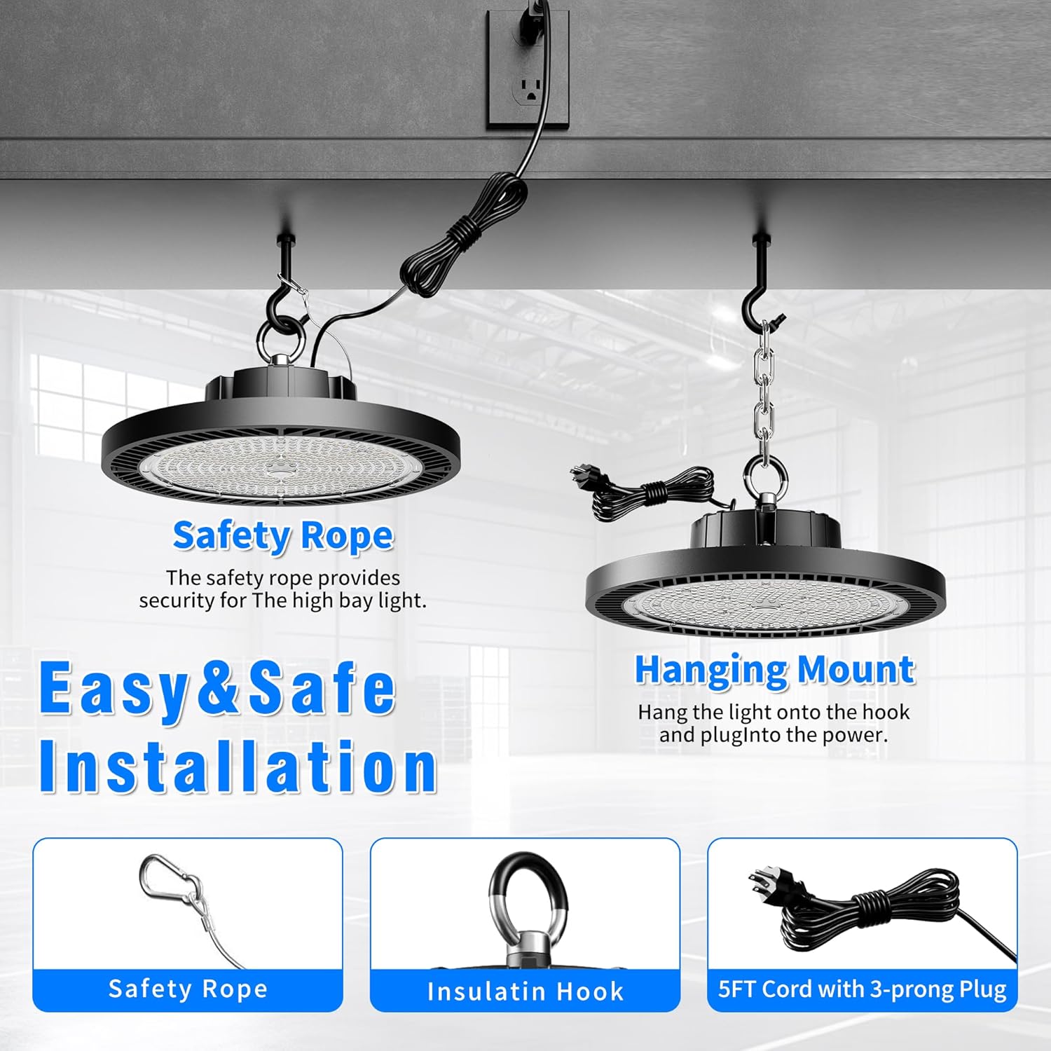 Detalle de Jinshowlux 8-Pack UFO LED High Bay Light 250W: 37,500 lm, 5000K, Plug-and-Play for Large Spaces