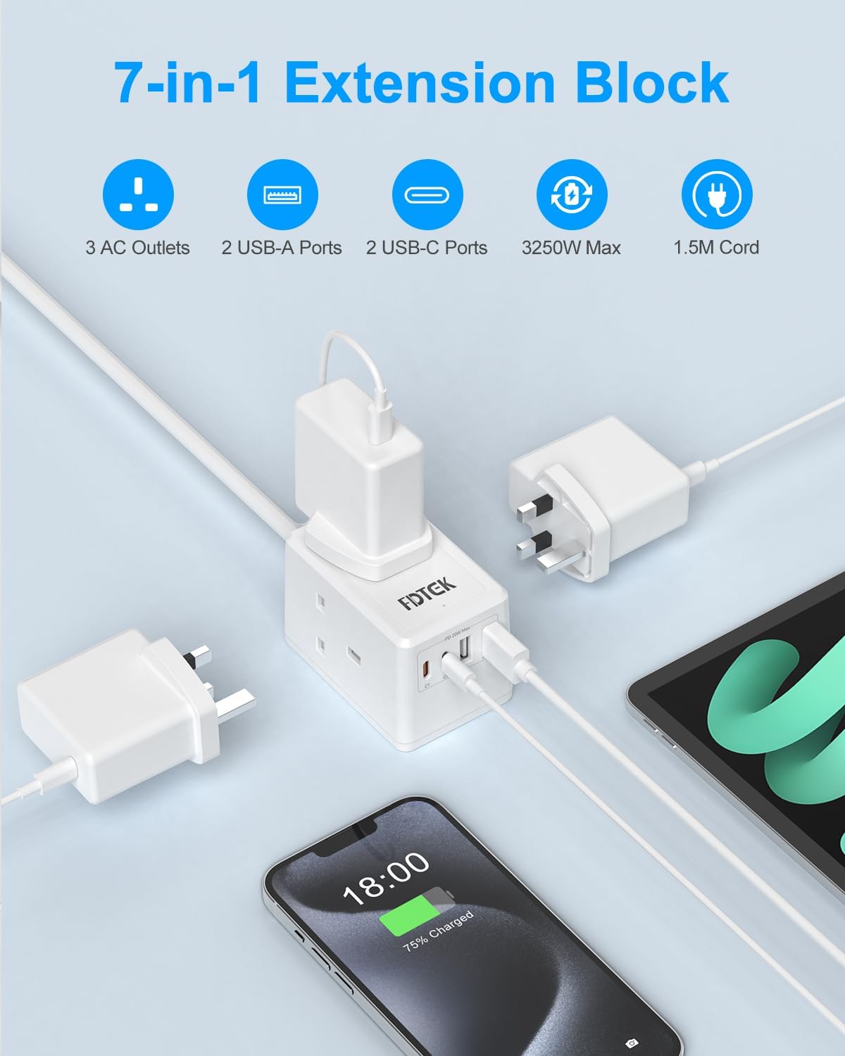 Detalle 2 de FDTEK PD20W Extension Lead with USB Slots: 7-in-1 Mini Cube for Home, Office, and Travel