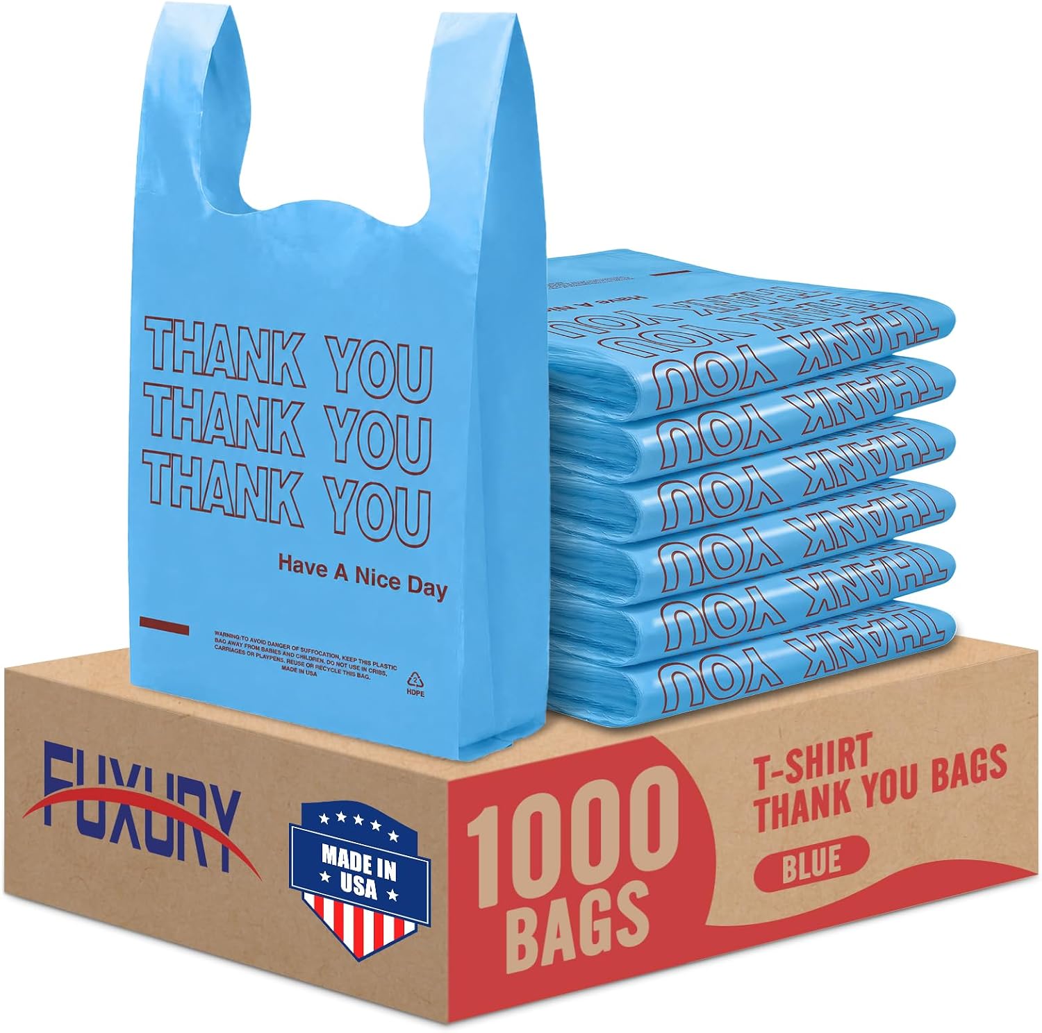 Detalle de Fuxury FU#3062 Thank You T-Shirt Bags, Blue Plastic, 1,000 Count