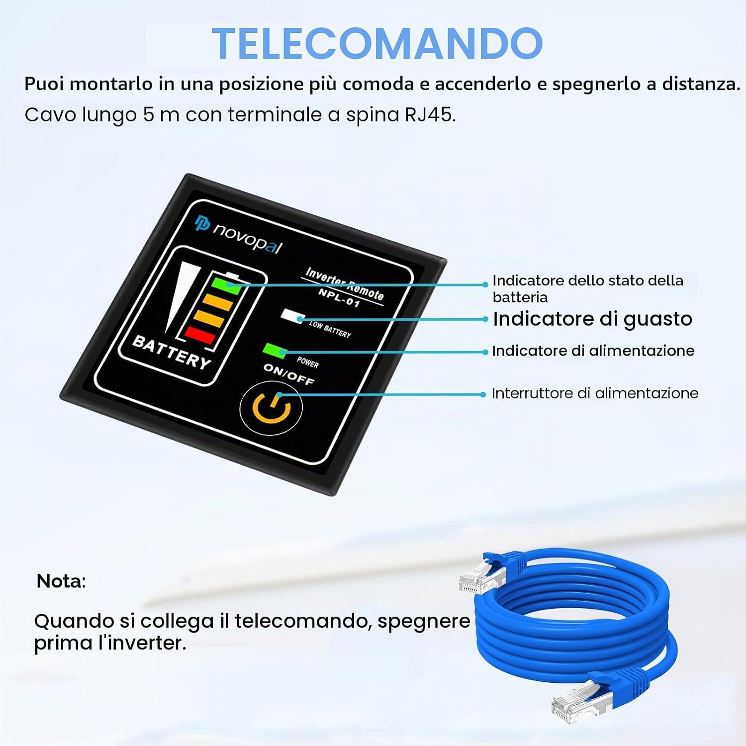 Thumbnail 4 de Novopal Power Inverter onda sinusoidale pura 1500W (12V DC → 220V/230V AC) con telecomando e 2 prese EU