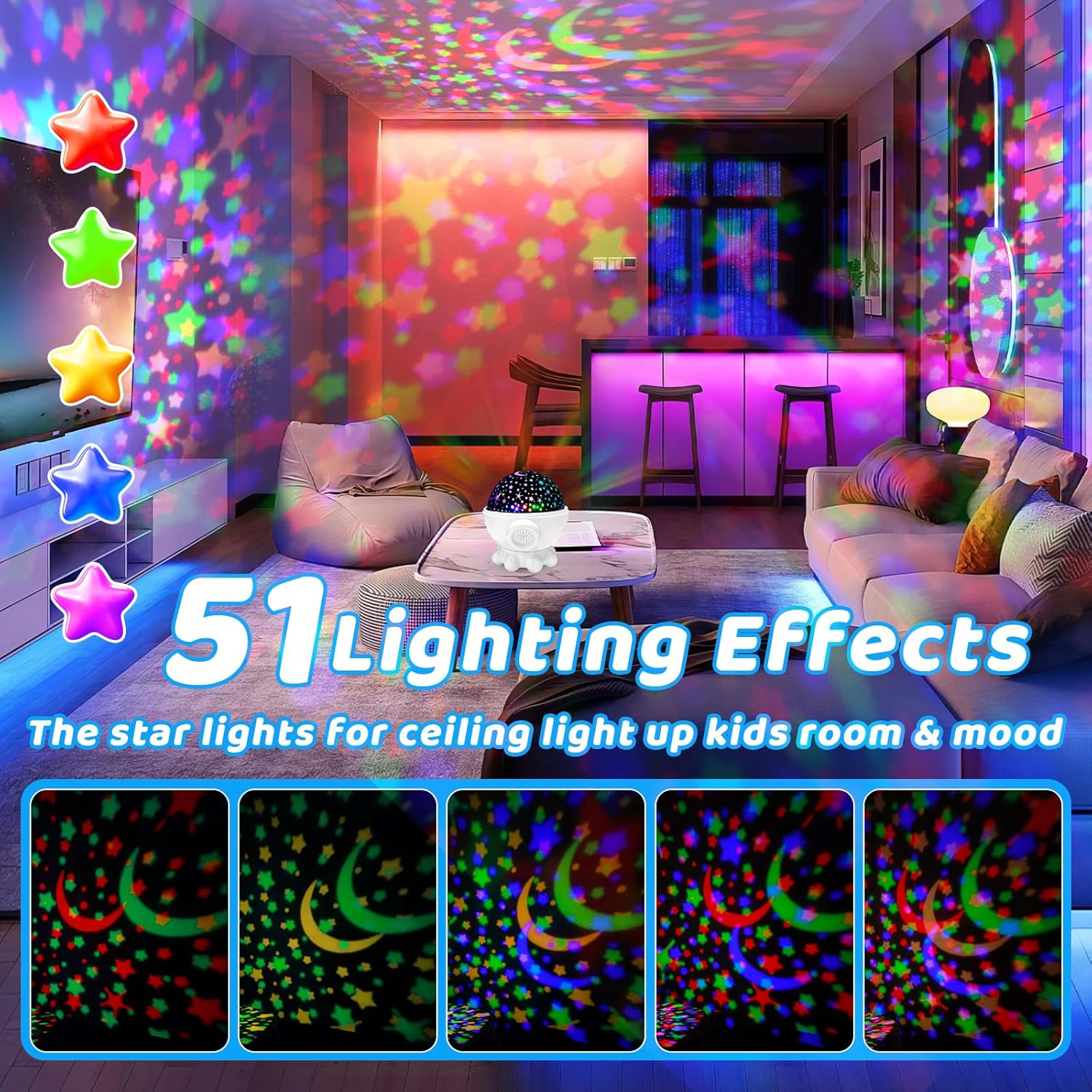 Detalle 2 de Octopus Night Light Projector for Kids – 360° ocean star projector with remote, timer & 17 light modes (white)