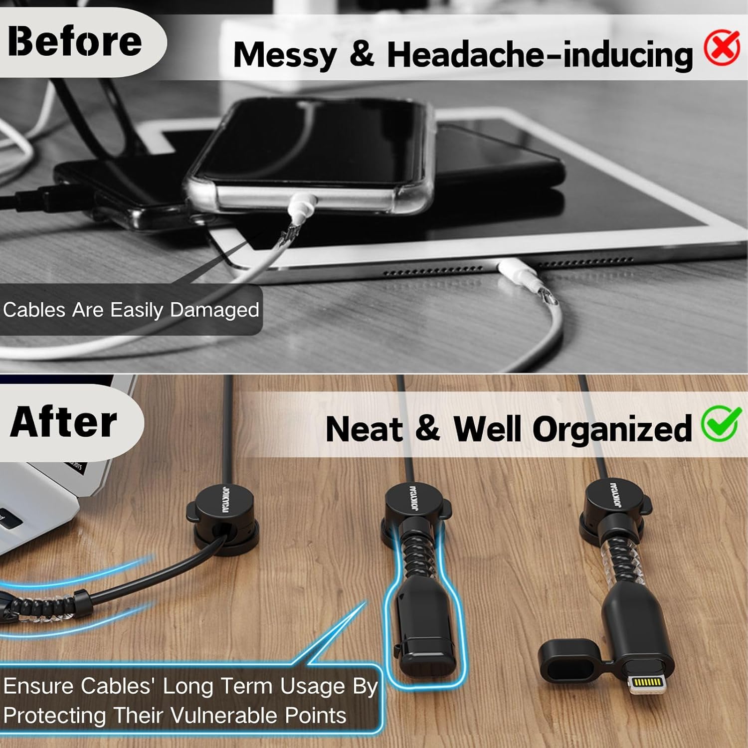 Thumbnail 3 de Cable Clips, Cord Organizer with 360° Swivel and Cable Protector – Self-Return Desk Clip for Type-C & Lightning Cables, Black