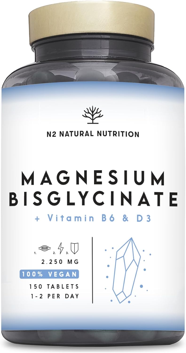 Detalle de N2 Natural Nutrition Magnesium Bisglycinat 2250mg – 450mg elementares Magnesium pro Tag mit Vitamin B6 und D3, 150 Tabletten