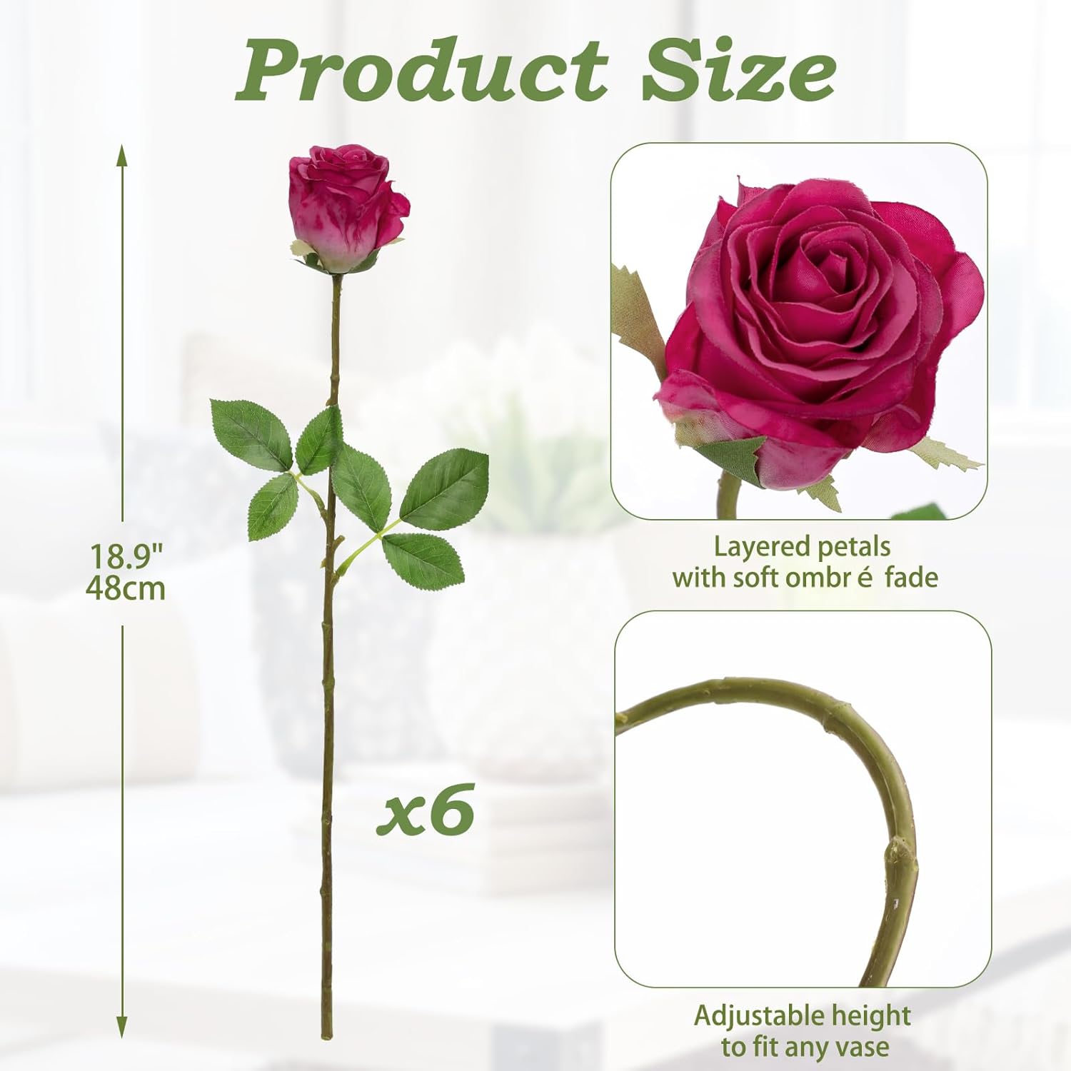 Thumbnail 1 de Oairse Hot Pink Artificial Roses 6PCS, 18.9" Silk Rose Bouquet – Realistic, Bendable Stems for DIY Weddings and Home Decor
