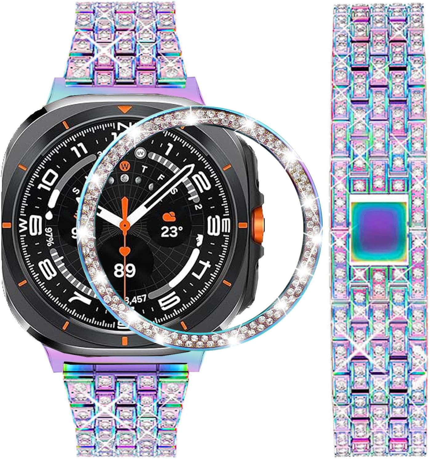 Detalle de DEALELE Strap and Bezel Cover for Samsung Galaxy Watch Ultra 47mm (2025/2024) – Bling Rhinestone Stainless Steel