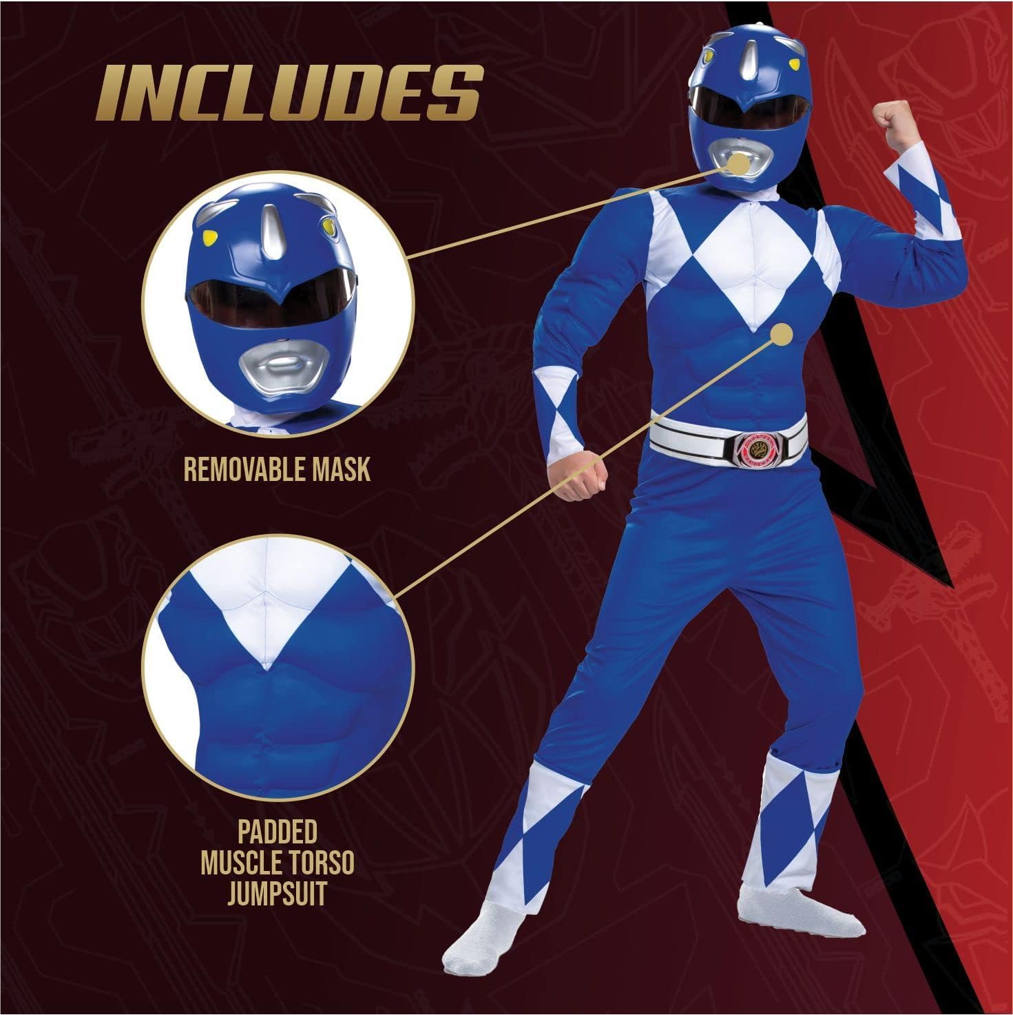 Detalle de Power Rangers IN-DG103209L Boys Blue Ranger Costume with Muscle Jumpsuit and Mask