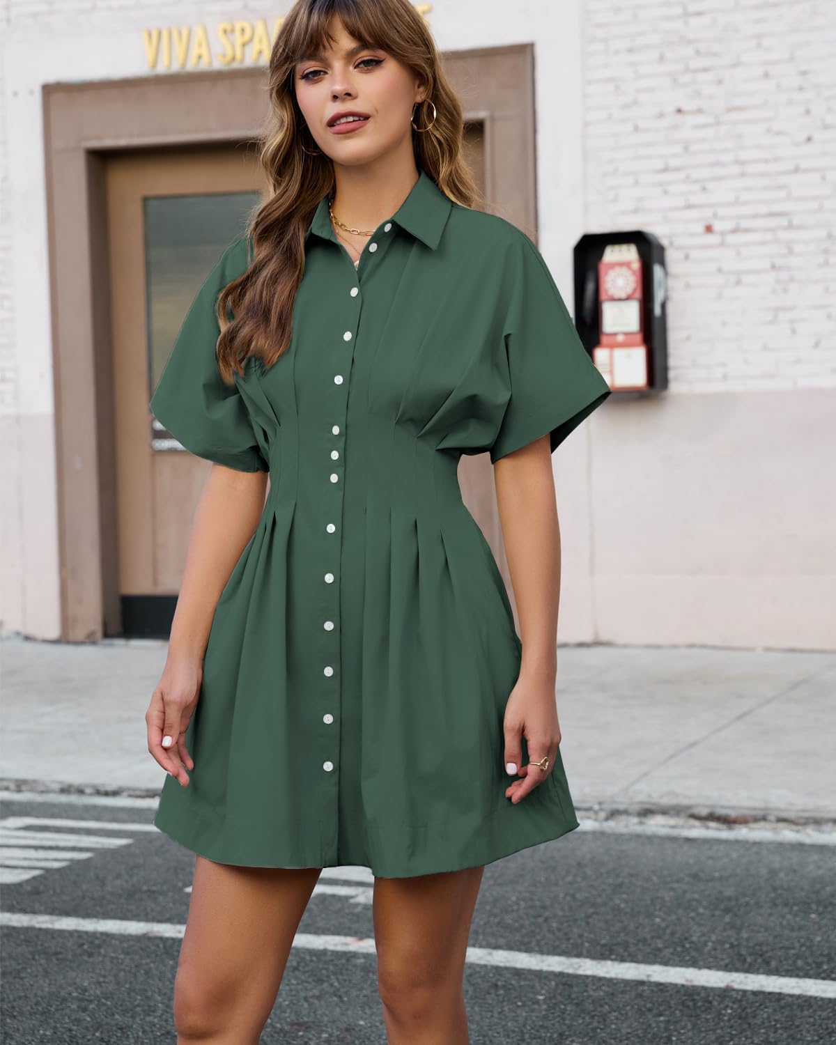 Detalle de Shy Velvet Women’s Mini Shirt Dress: Casual Button-Down Short Sleeve Collared Summer Dress