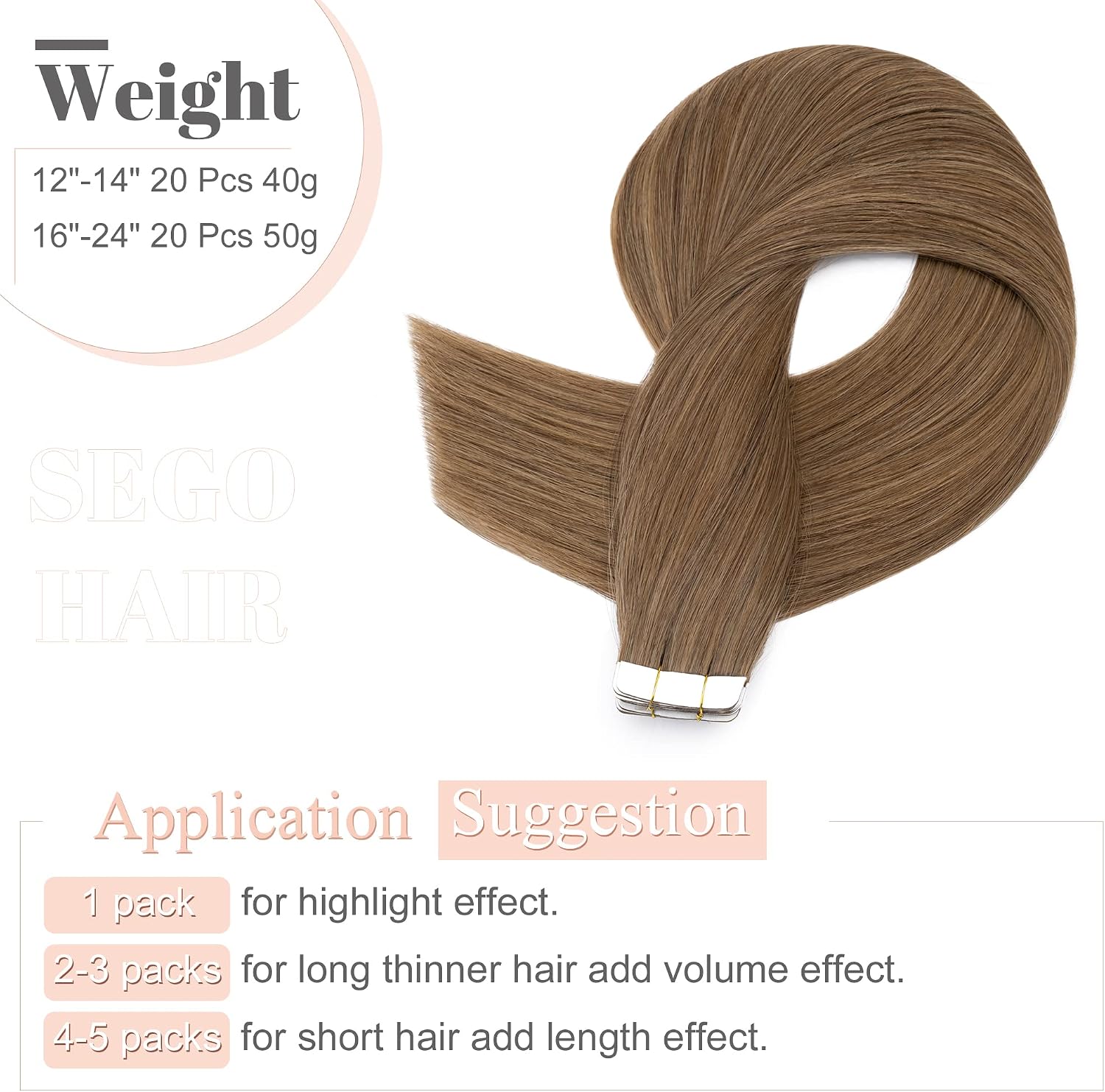 Thumbnail 4 de SEGO Extension Adesive Capelli Veri Biadesivo 20 Ciocche - Remy 50 g, 50 cm, Castano Chiaro