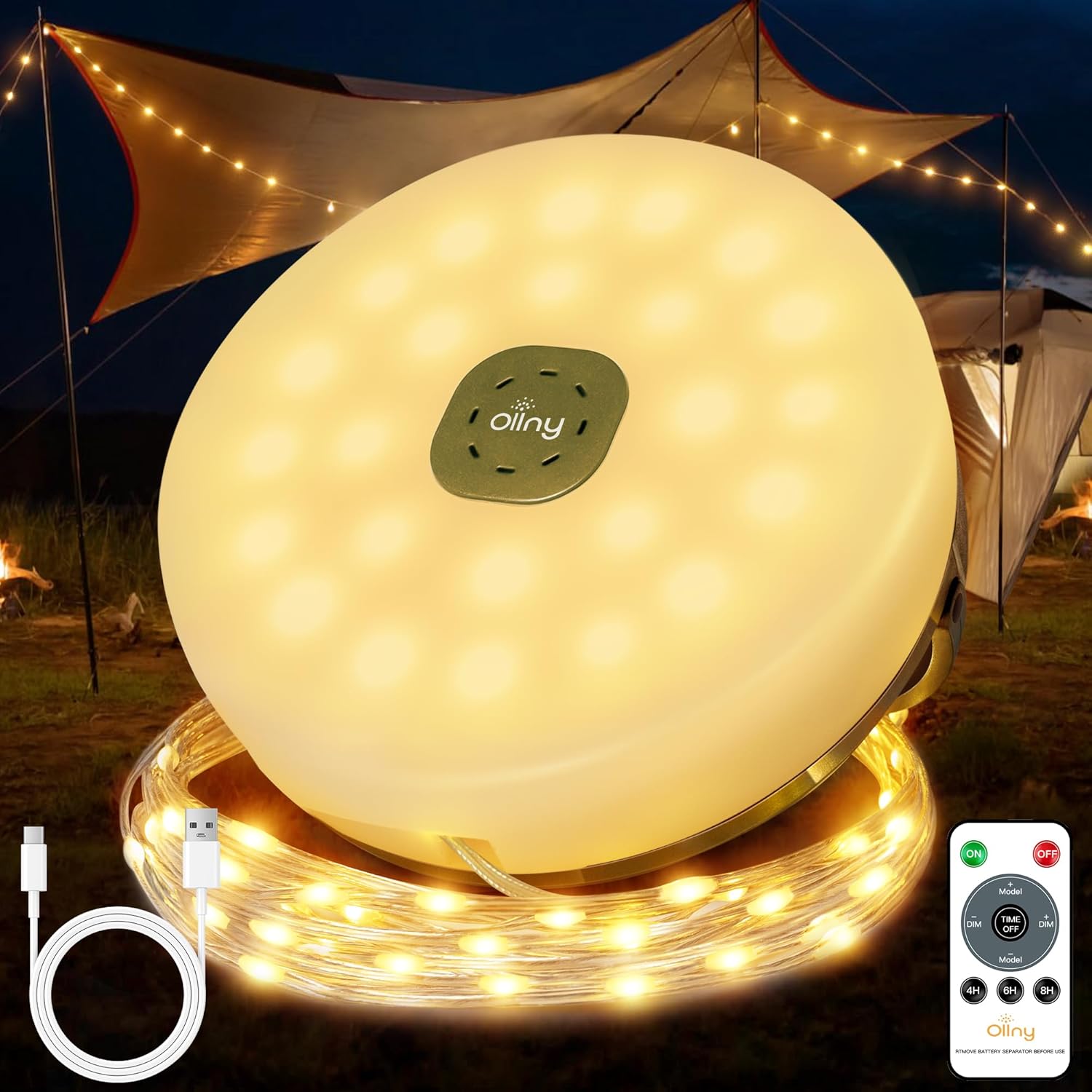 Detalle de Ollny Camping Lichterkette Aufrollbar 10M – 4-in-1 Outdoor-Lichtlösung mit 8 Modi, USB-Akku, Timer und Wasserschutz
